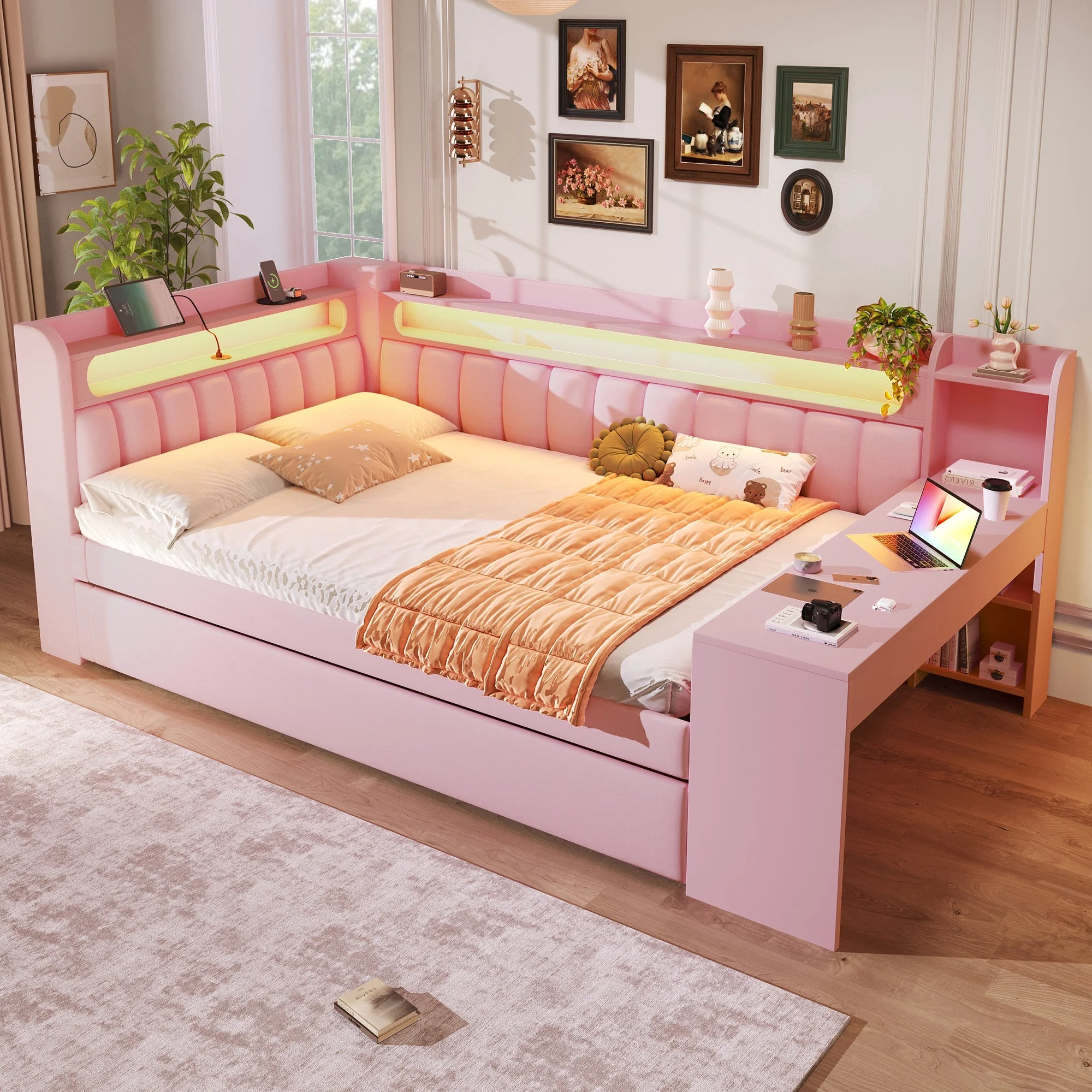 Upholstered Daybed with USB Ports, LED, Pull-out Bed and Desk, 140x200, Pink - Image 2