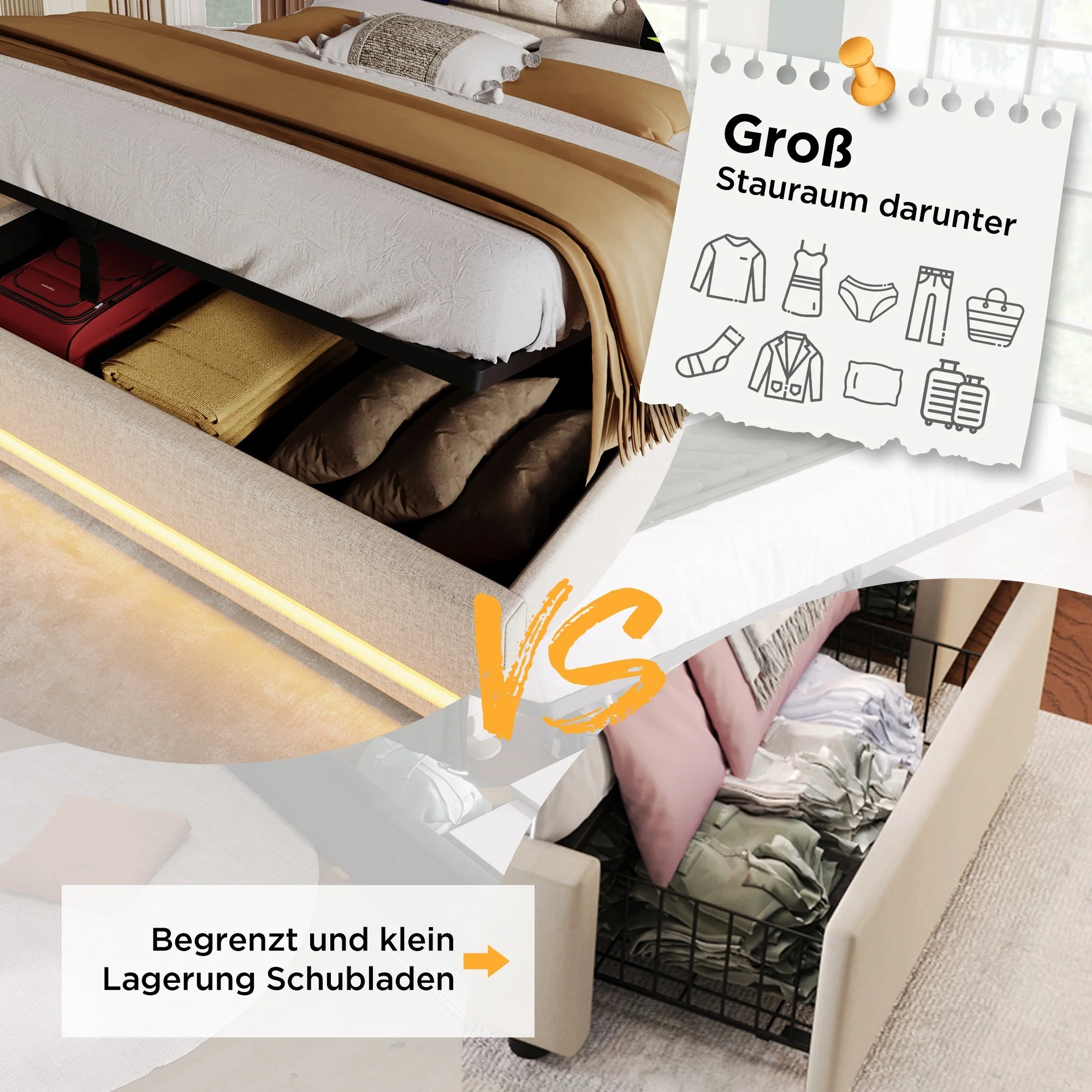 Upholstered Double Bed, 140*200cm Hydraulic Storage with LED & USB, White PU - Image 4