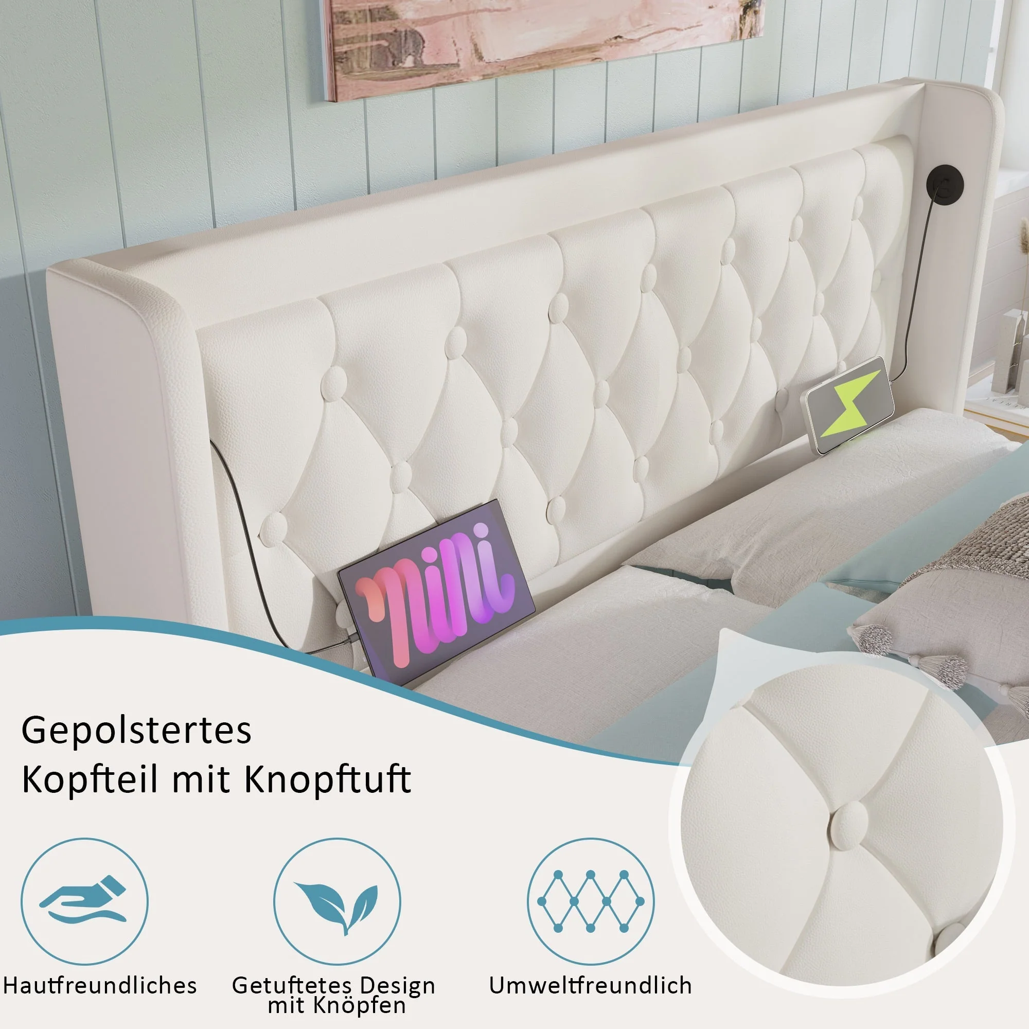 Upholstered Double Bed, 140*200cm Hydraulic Storage with LED & USB, White PU - Image 7