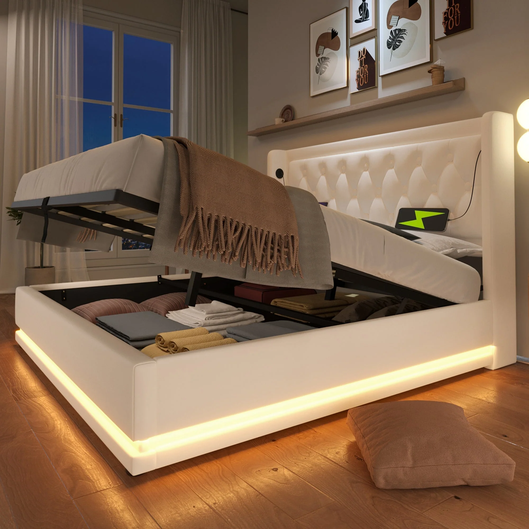 Upholstered Double Bed, 140*200cm Hydraulic Storage with LED & USB, White PU - Image 9