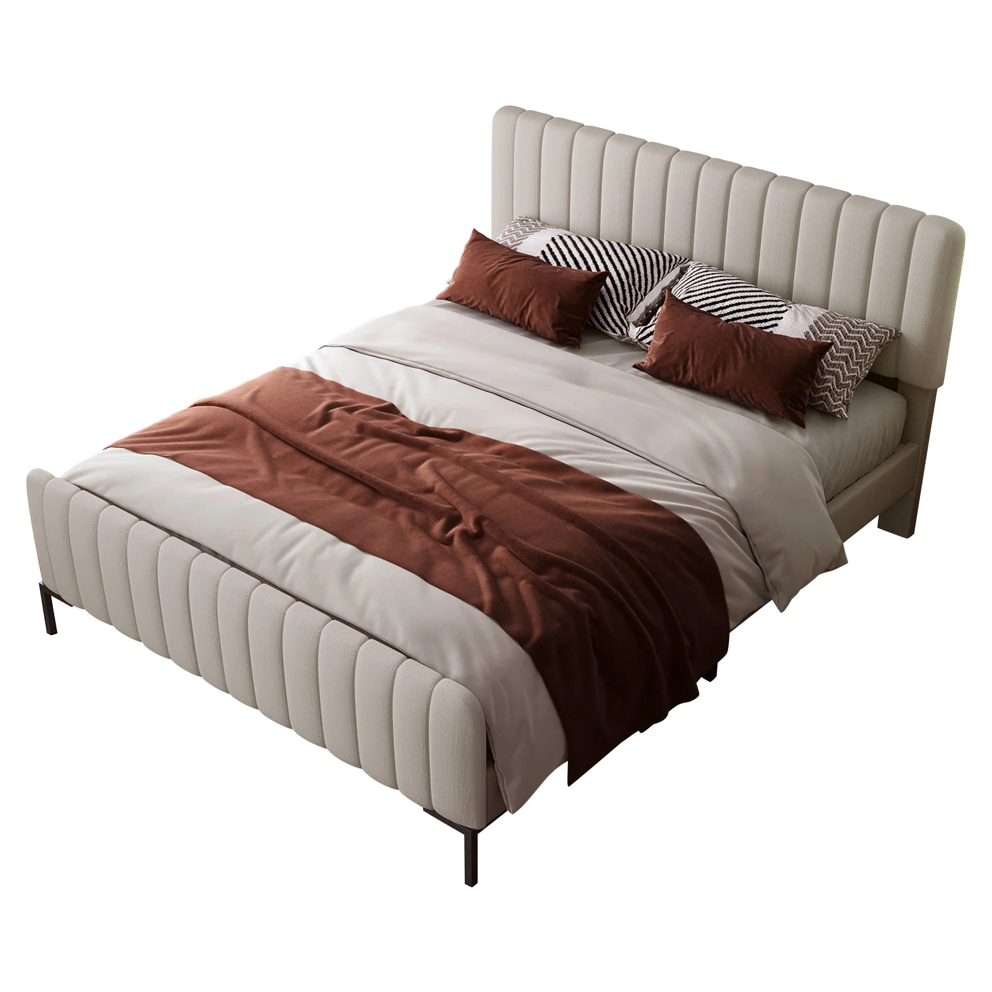 Upholstered Double Bed 140 x 200 cm, Adjustable Headboard, Grey-Beige Linen - Image 3