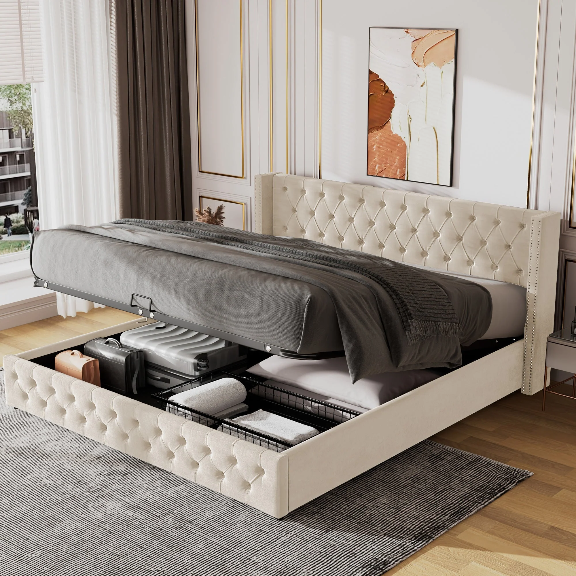 Upholstered Double Bed 140x190 Hydraulic Storage Pillow Headboard - Black/Beige Velvet