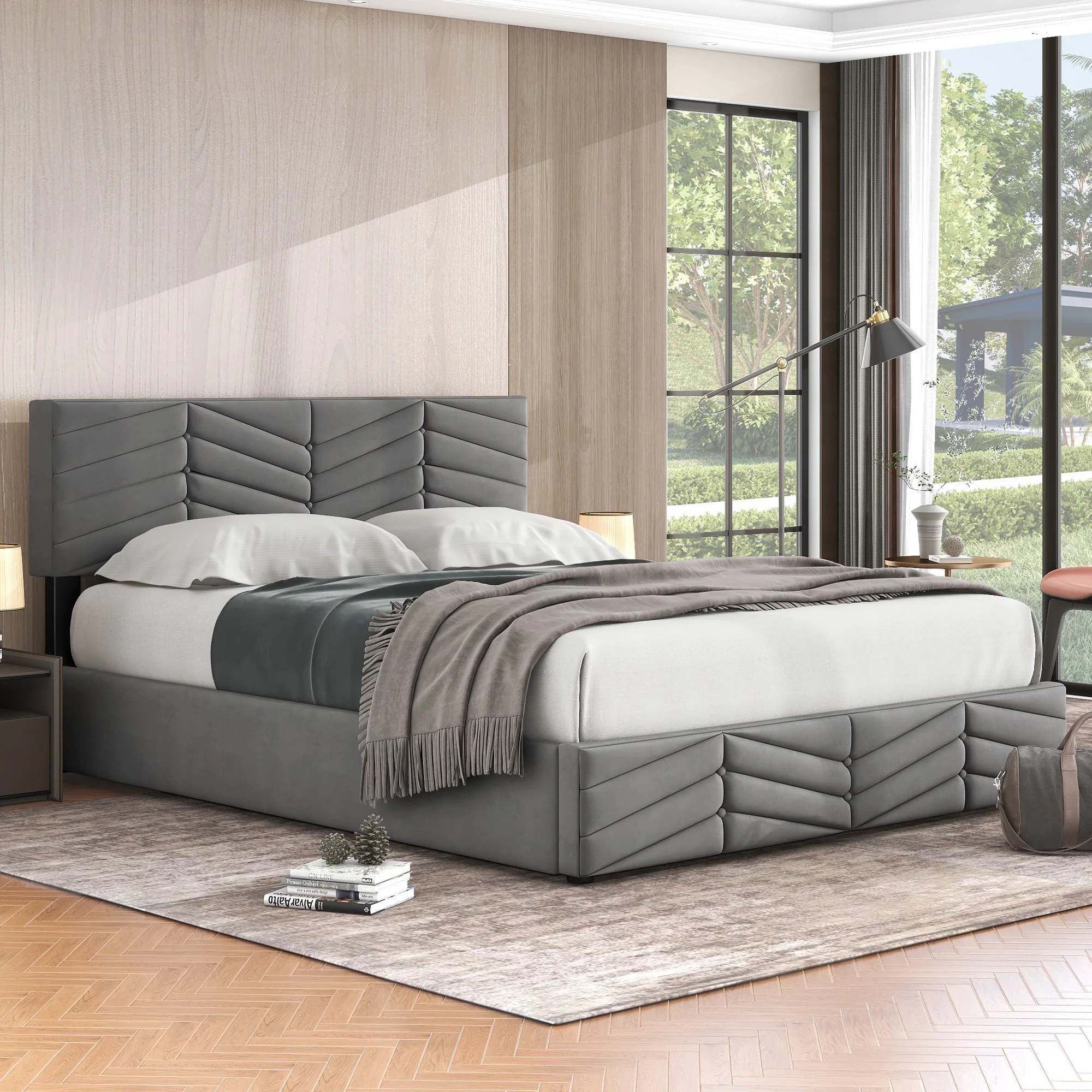 Upholstered Double Bed 140x190 Hydraulic Striped Adjustable Headboard - Velvet Grey - Image 4