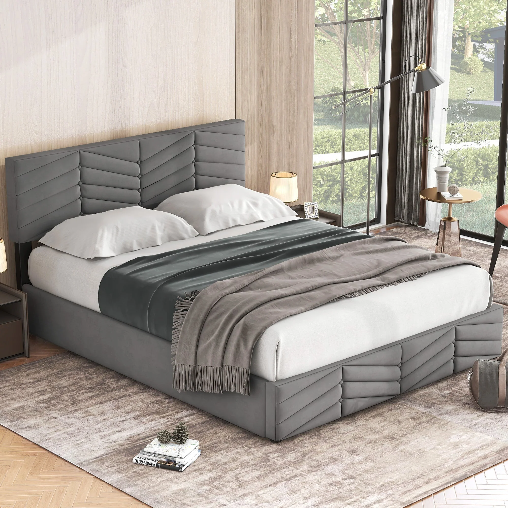 Upholstered Double Bed 140x190 Hydraulic Striped Adjustable Headboard - Velvet Grey - Image 5
