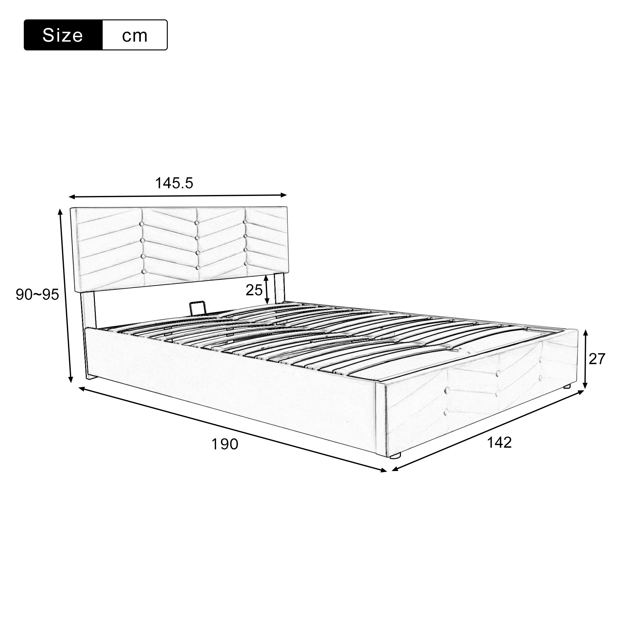 Upholstered Double Bed 140x190 Hydraulic Striped Adjustable Headboard - Velvet Grey - Image 7