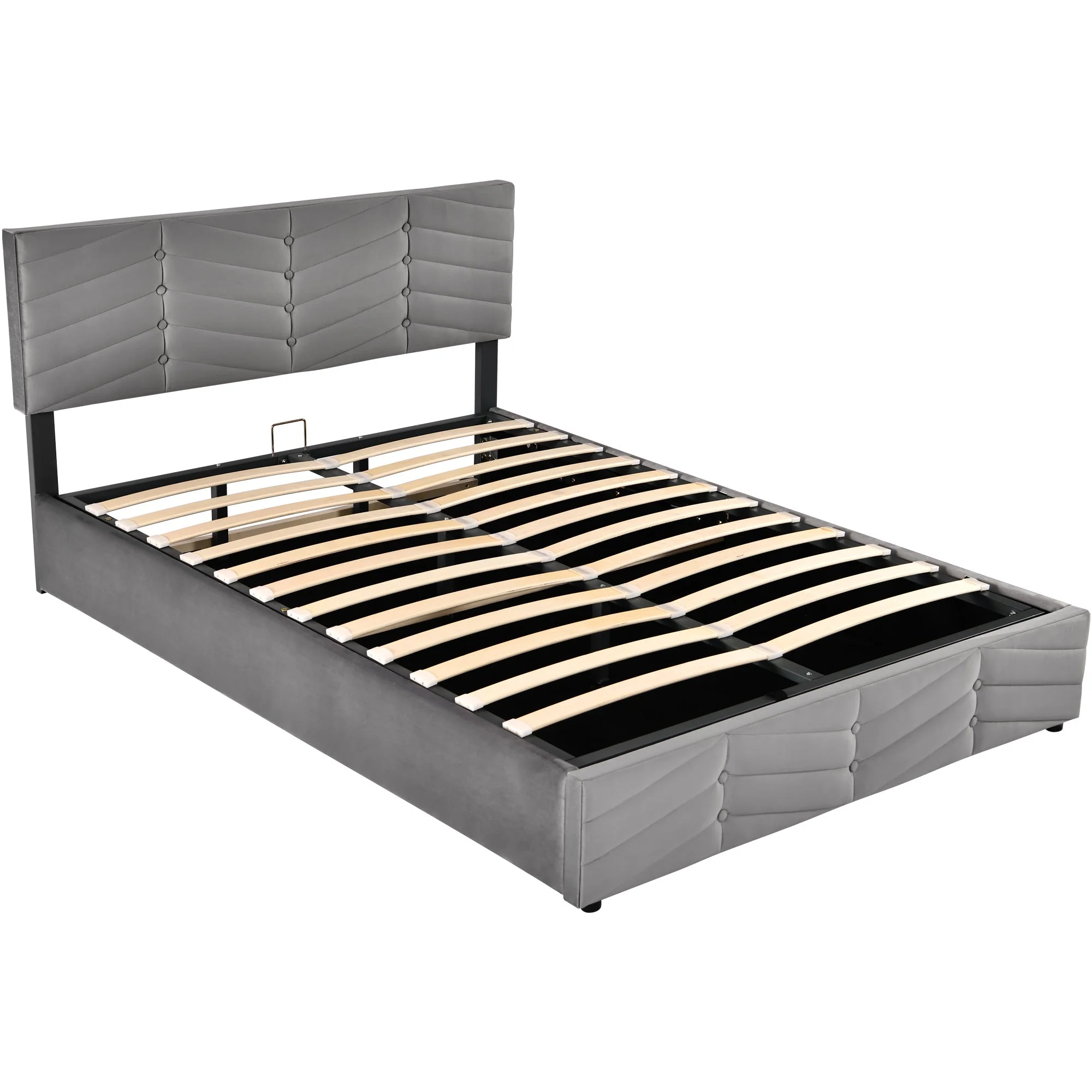 Upholstered Double Bed 140x190 Hydraulic Striped Adjustable Headboard - Velvet Grey - Image 9