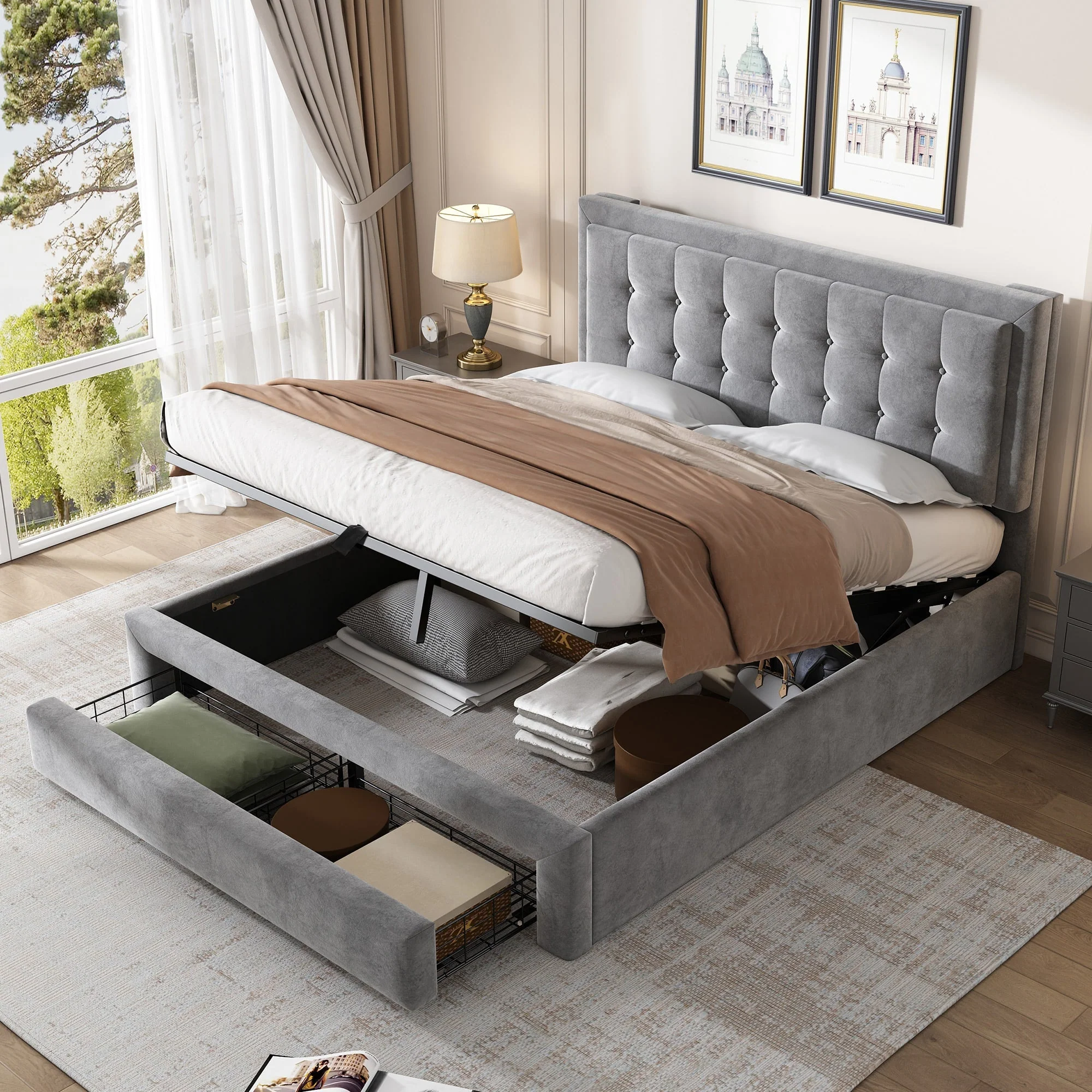 Upholstered Double Bed 140x190cm Hydraulic Storage 2 Drawers Velvet Grey - Image 3