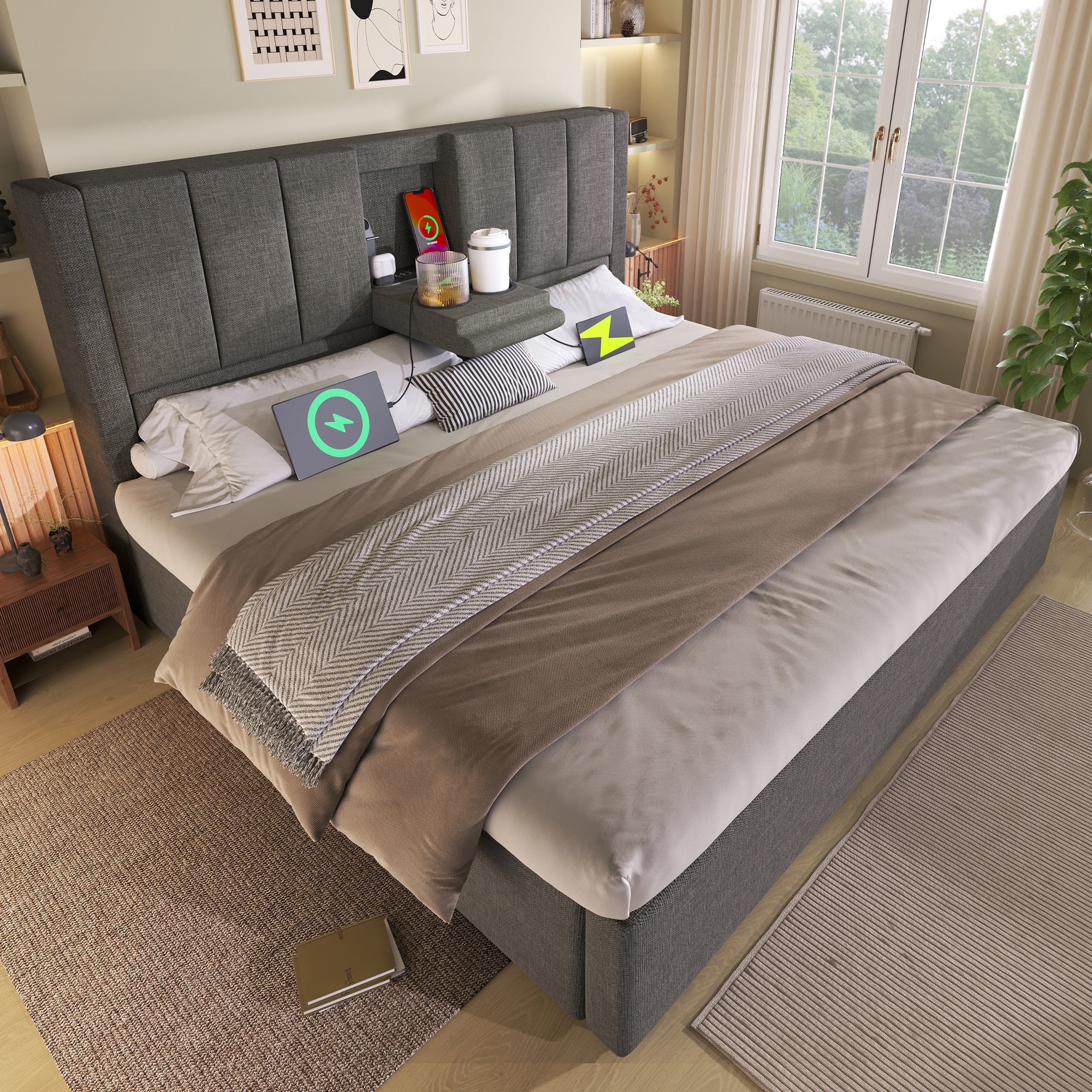 Upholstered Double Bed 140x190cm Hydraulic Storage Cup Holder Charging Station - Linen Grey - Image 10