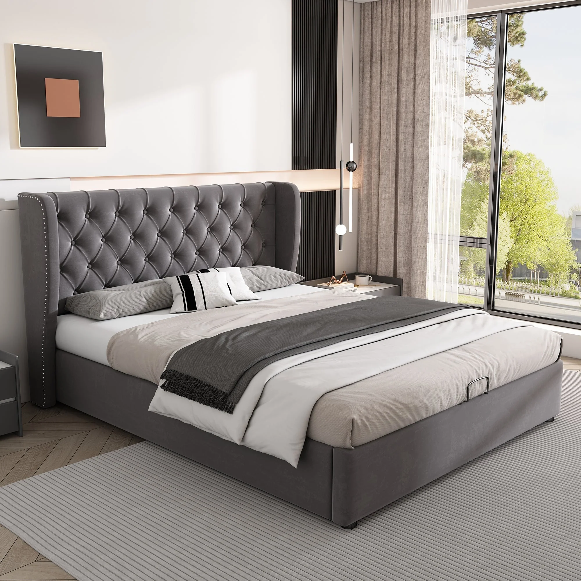 Upholstered Double Bed 140x190cm Hydraulic Storage Ear Shape Velvet - Grey - Image 4