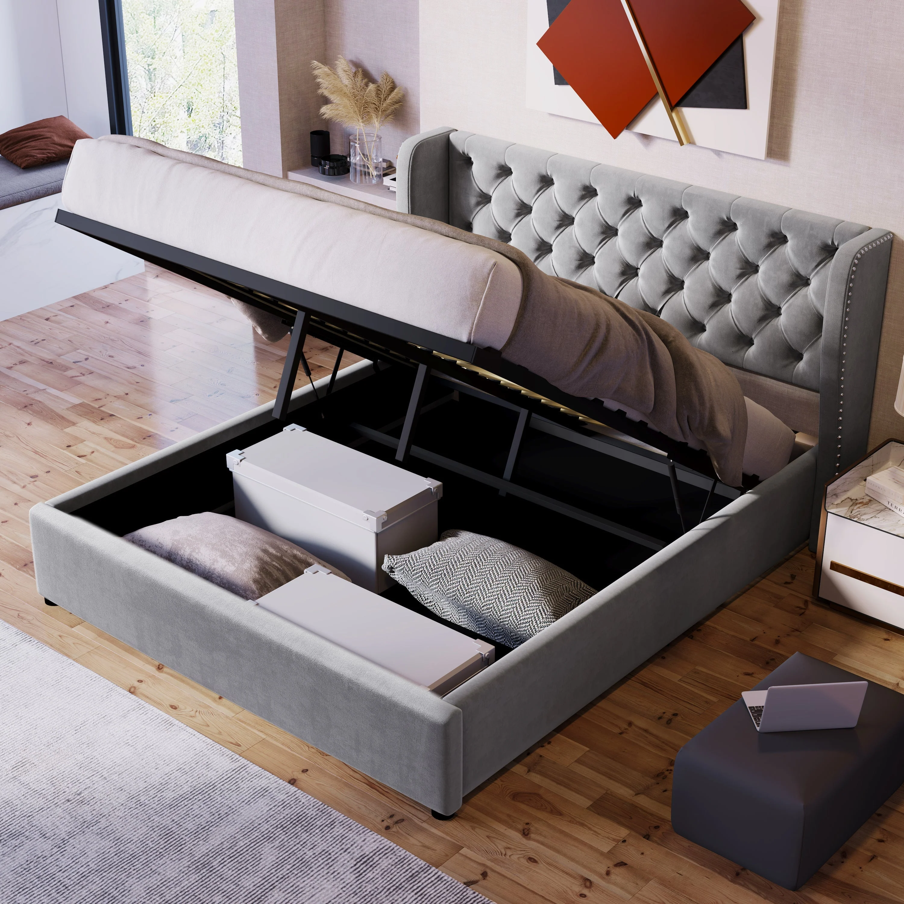 Upholstered Double Bed 140x190cm Hydraulic Storage Ear Shape Velvet - Grey - Image 5