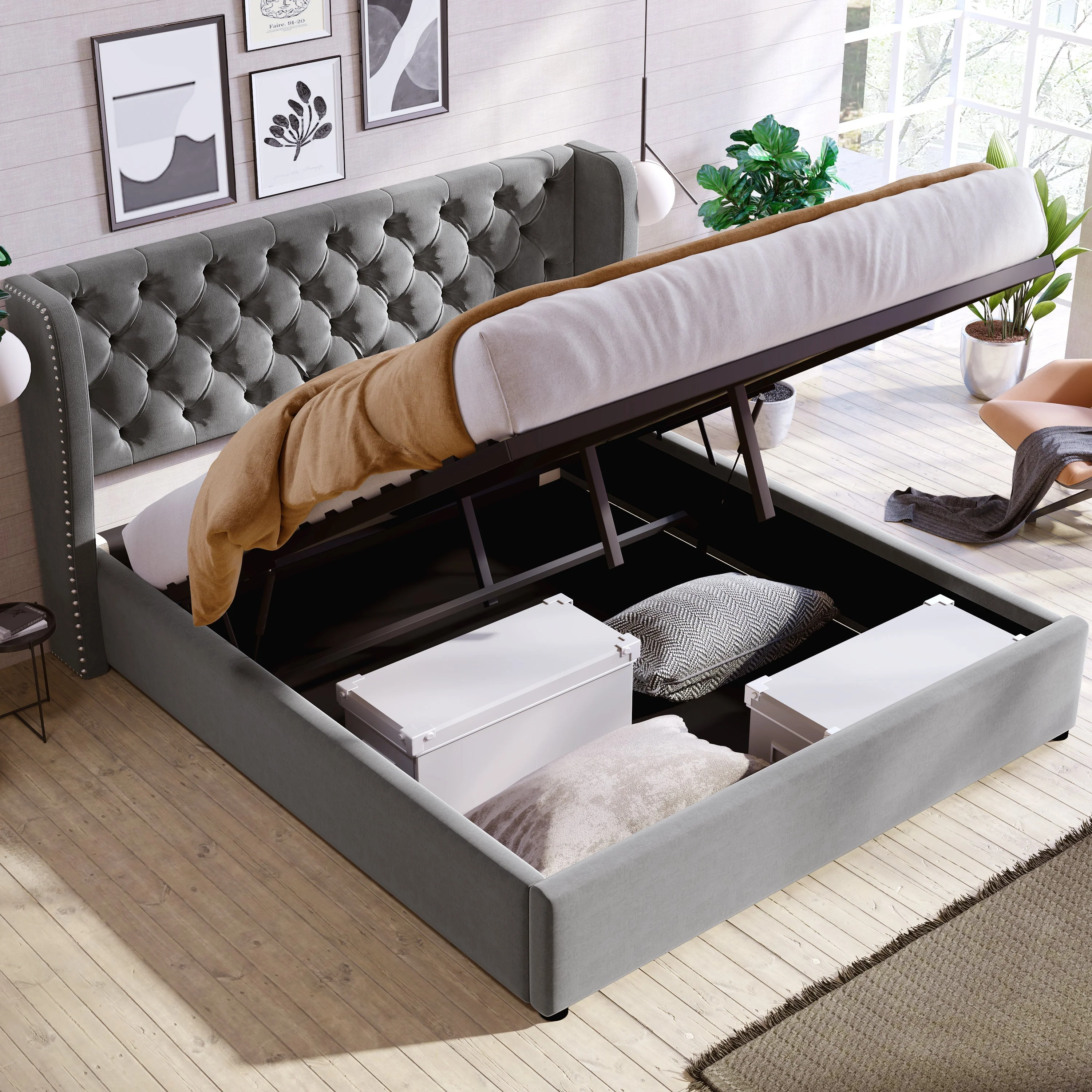 Upholstered Double Bed 140x190cm Hydraulic Storage Ear Shape Velvet - Grey - Image 6