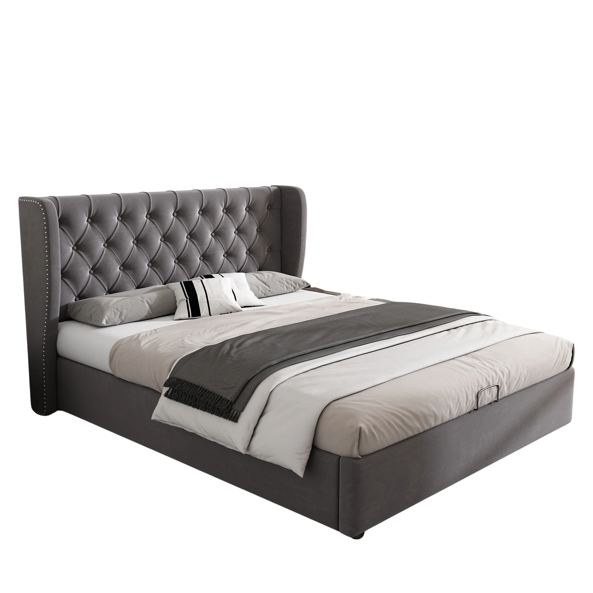 Upholstered Double Bed 140x190cm Hydraulic Storage Ear Shape Velvet - Grey - Image 7