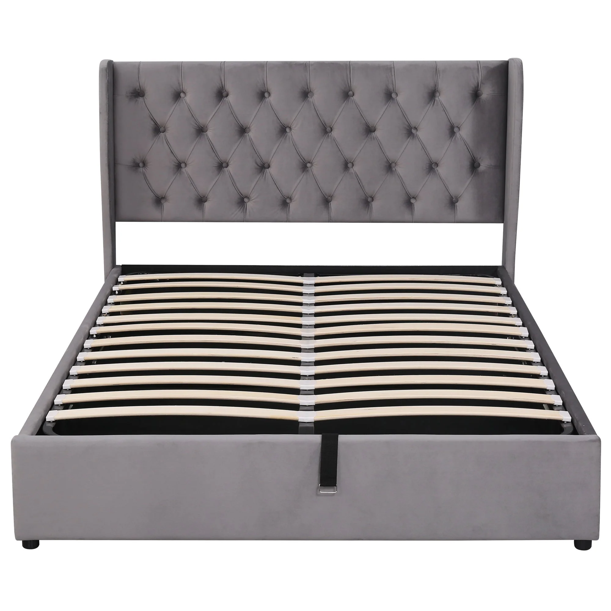 Upholstered Double Bed 140x190cm Hydraulic Storage Ear Shape Velvet - Grey - Image 9