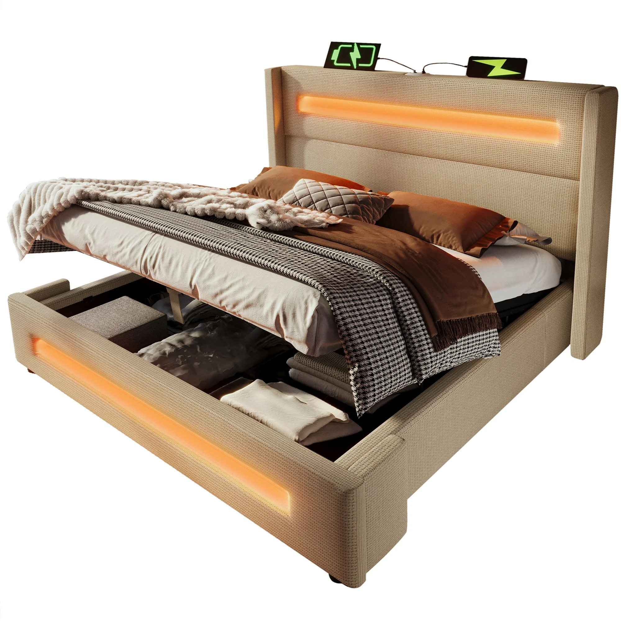 Upholstered Double Bed 140x200 cm, LED, Hydraulic Storage, USB-C, Metal Frame, Beige Linen - Image 7