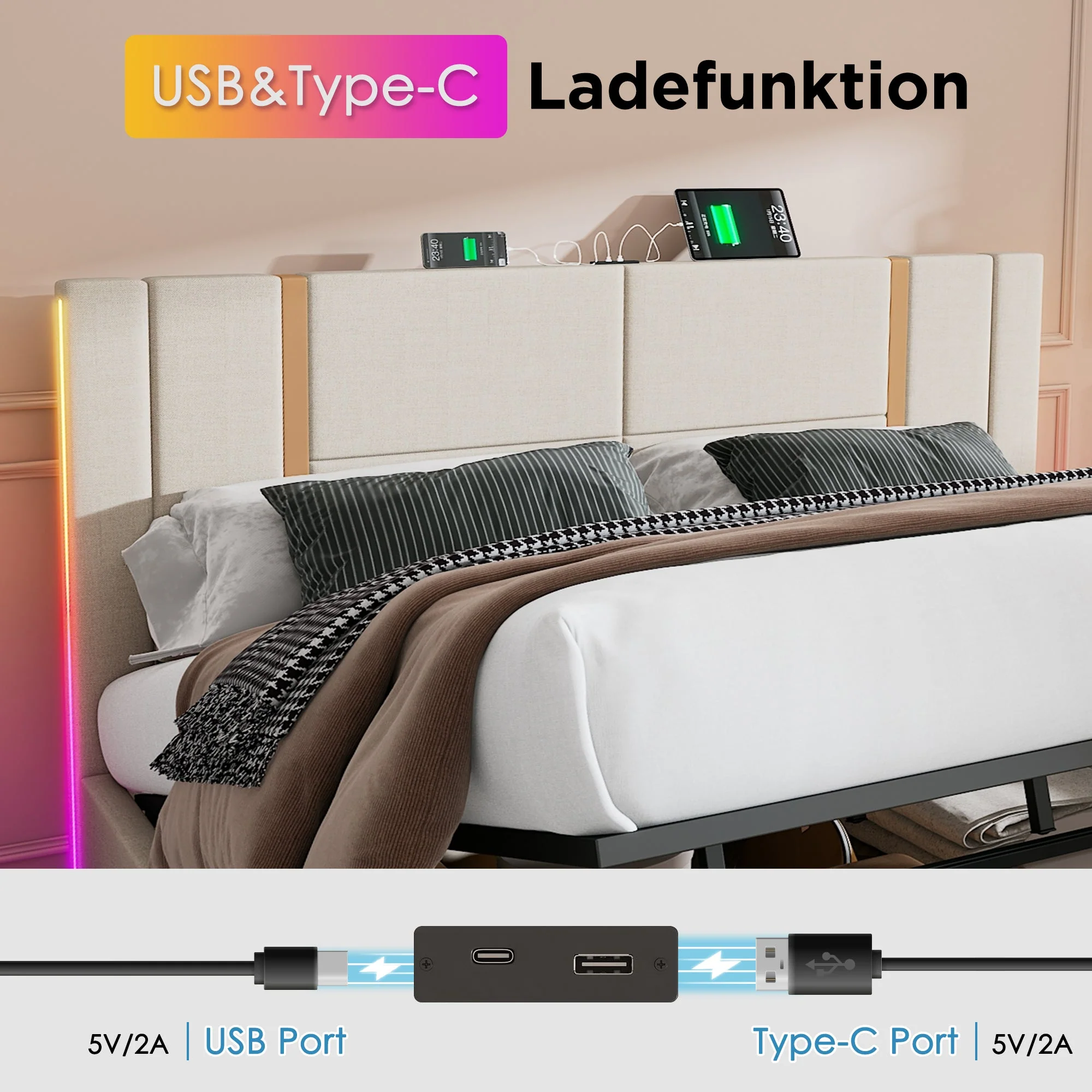 Upholstered Double Bed, 140x200 LED USB-C Storage, Beige Linen - Image 6