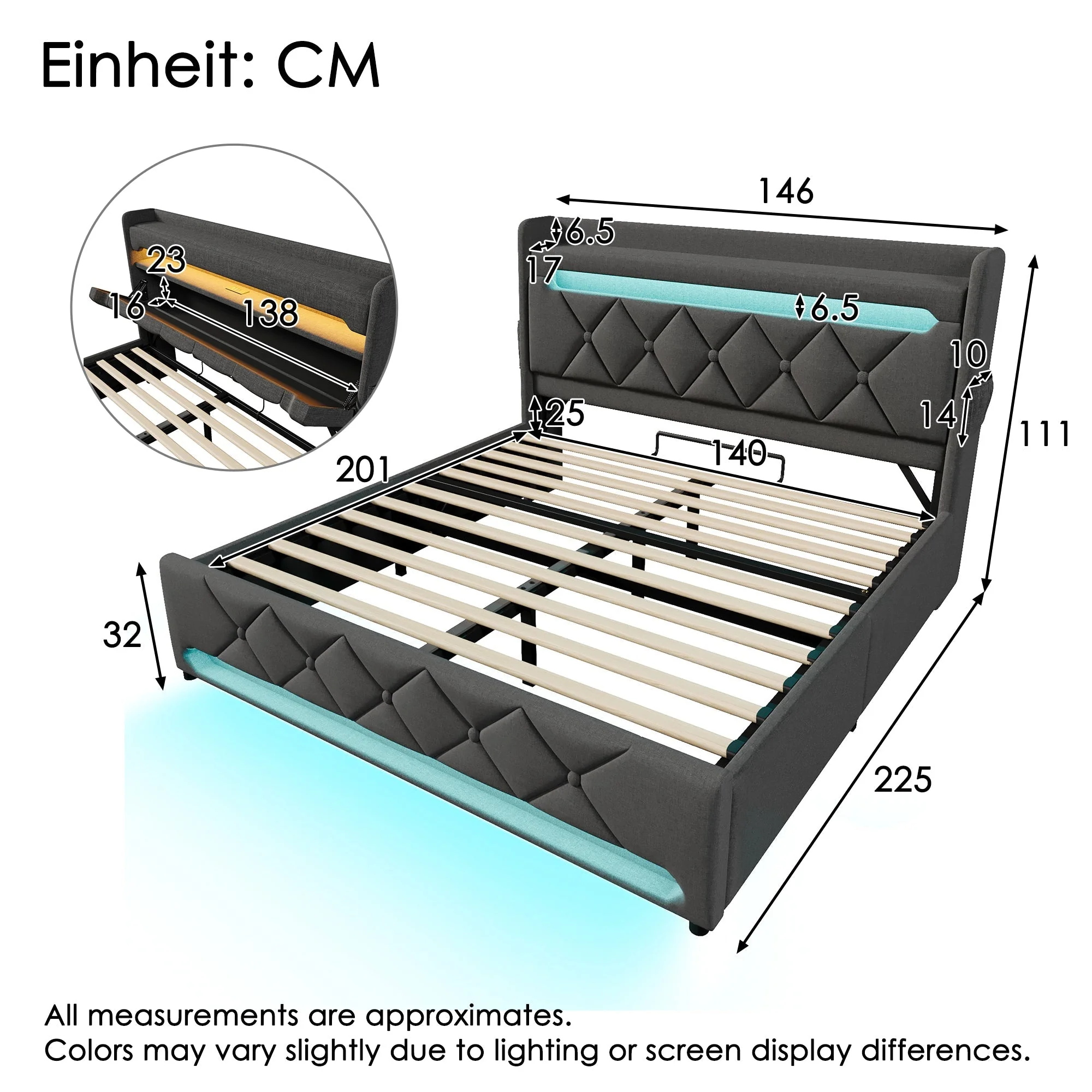 Upholstered Double Bed 140x200 Storage Headboard USB/Type-C 360° LED Hydraulic, Grey Linen - Image 2