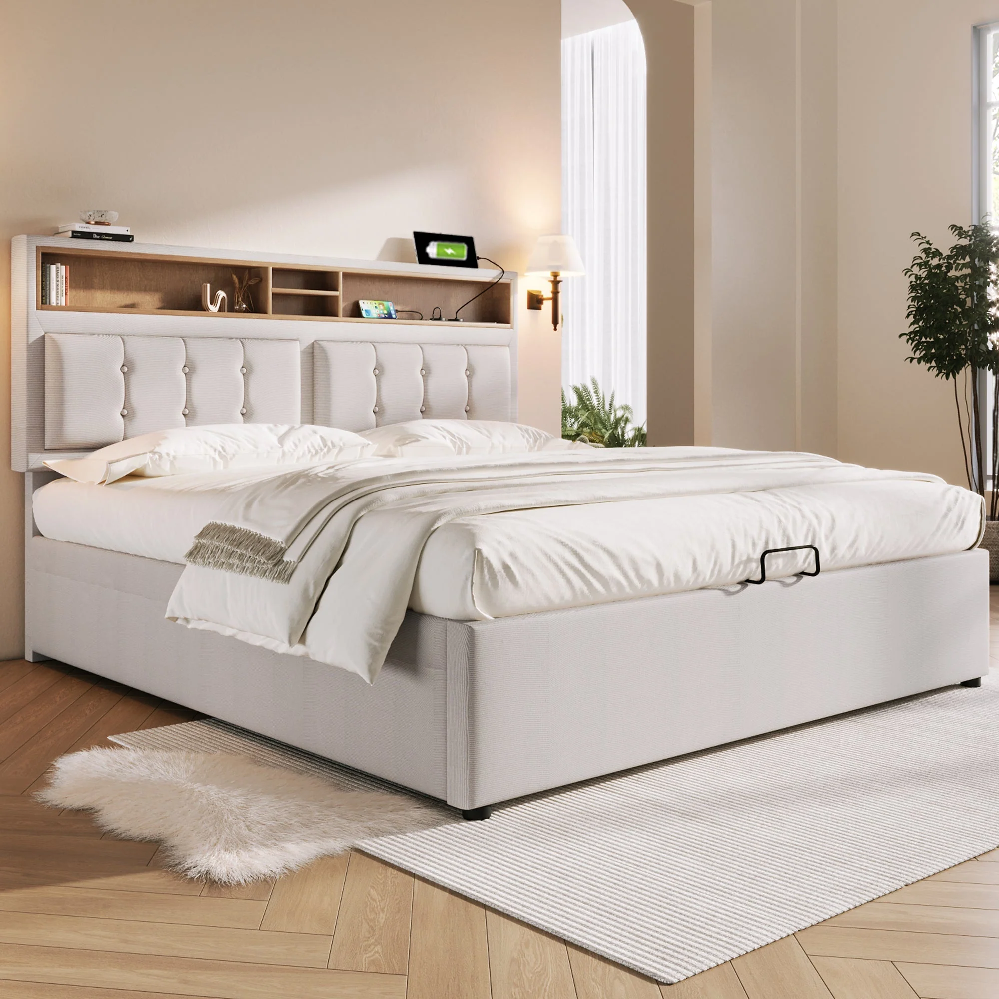 Upholstered Double Bed 140x200 USB-C Charging Storage Linen Material - Image 2