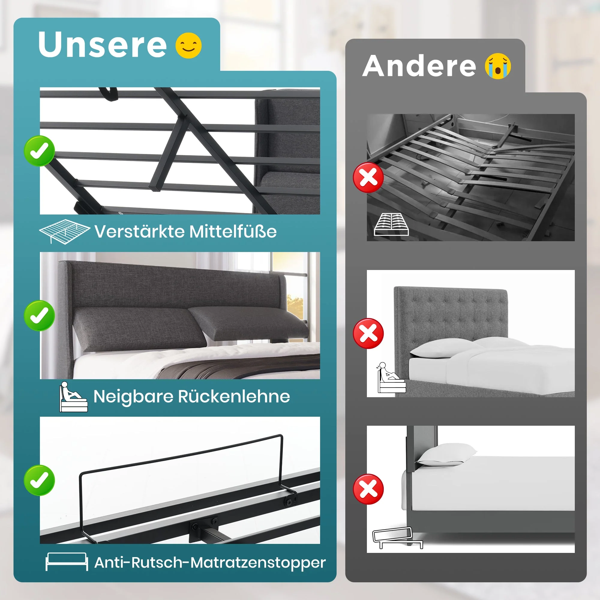 Upholstered Double Bed 140x200cm Adjustable Headrests Hydraulic Storage, Linen Grey - Image 5