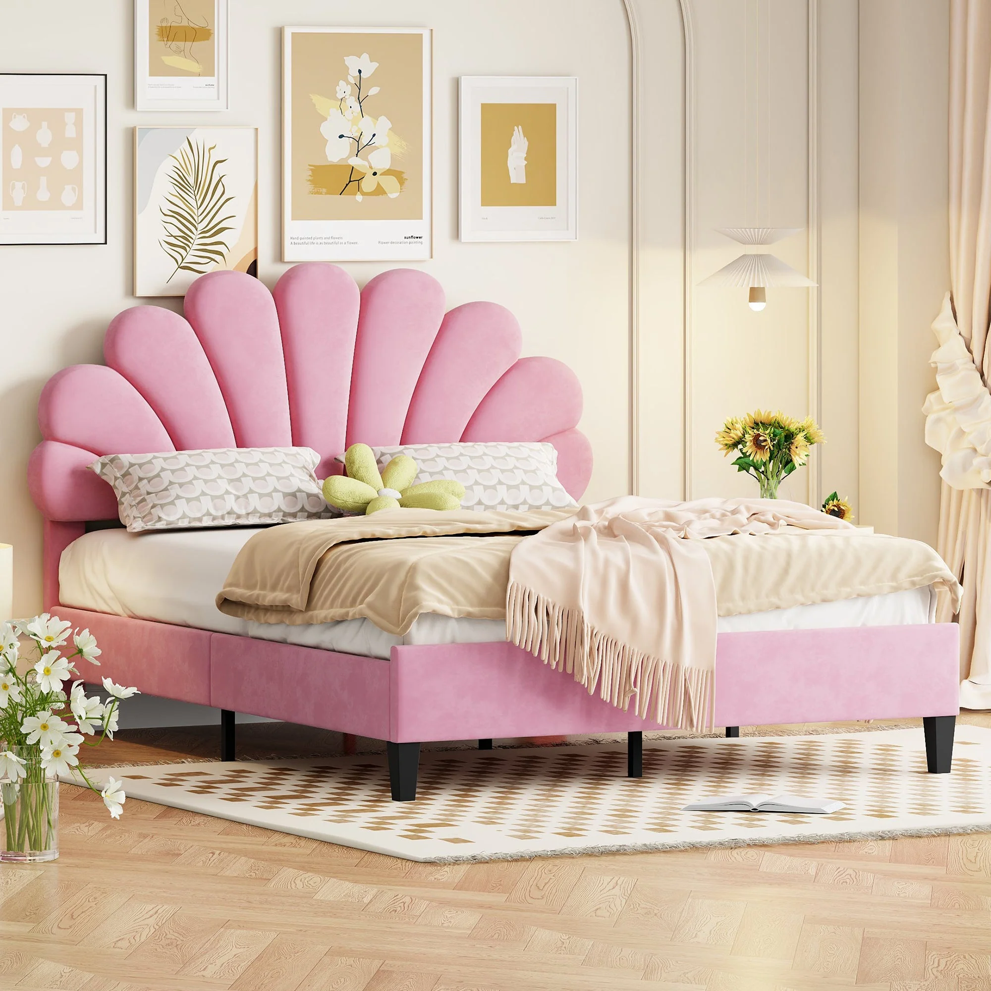 Upholstered Double Bed, 140x200cm Flower Headboard Slatted Frame, Pink Velvet - Image 3