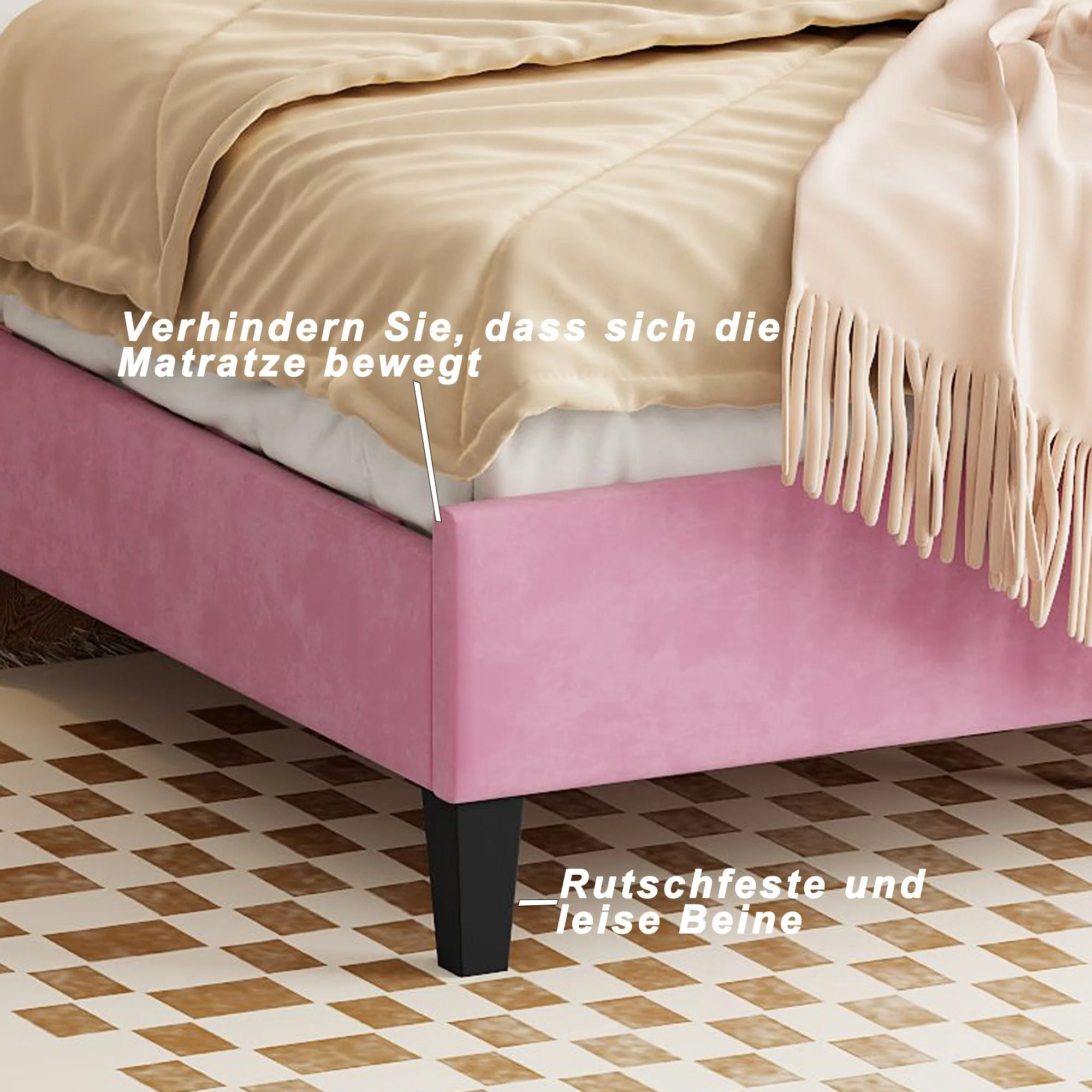 Upholstered Double Bed, 140x200cm Flower Headboard Slatted Frame, Pink Velvet - Image 5