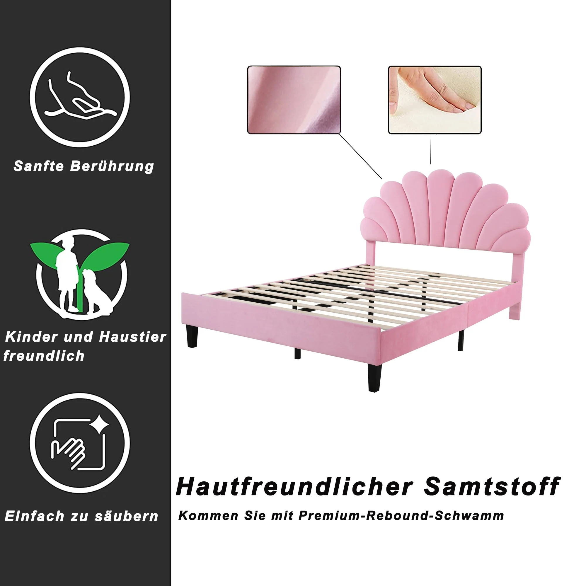 Upholstered Double Bed, 140x200cm Flower Headboard Slatted Frame, Pink Velvet - Image 8