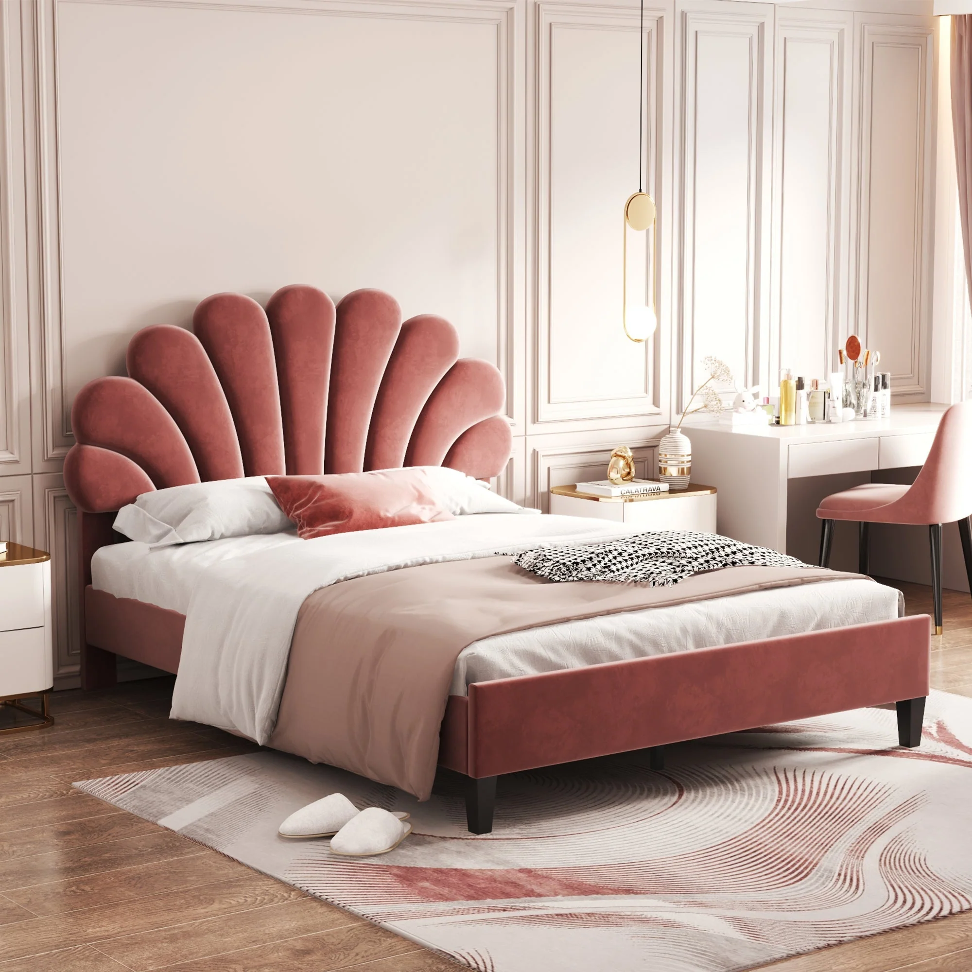 Upholstered Double Bed, 140x200cm Flower Headboard, Velvet Bean Red - Image 2