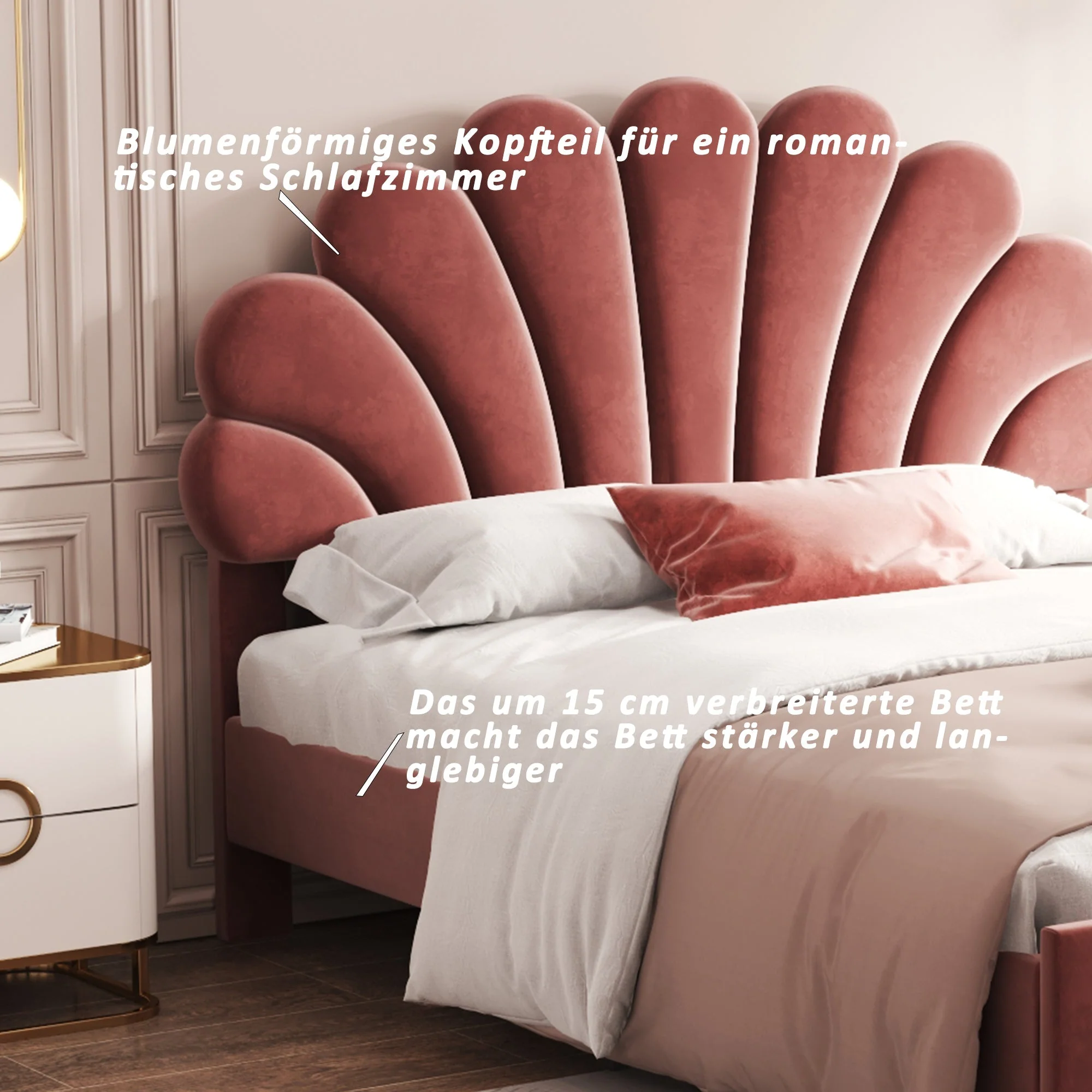Upholstered Double Bed, 140x200cm Flower Headboard, Velvet Bean Red - Image 9
