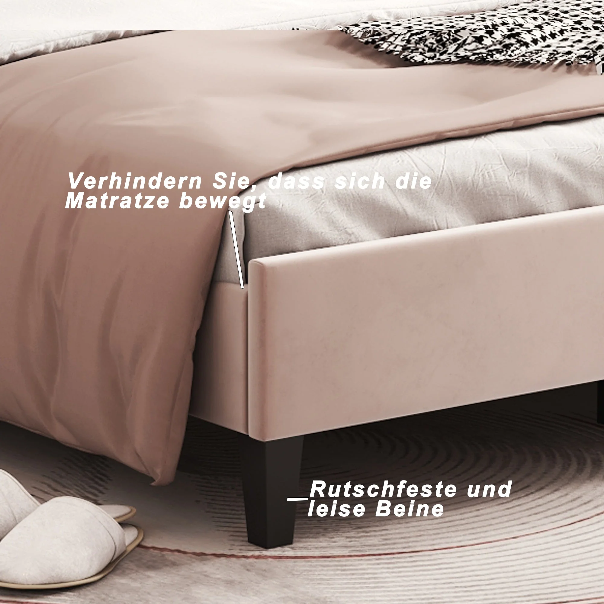Upholstered Double Bed, 140x200cm Flower Headboard with Slats, Velvet Beige - Image 10
