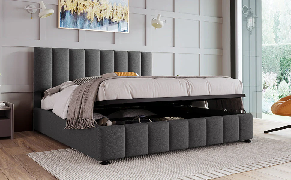 Upholstered Double Bed 140x200cm Hydraulic Storage Adjustable Headboard - Grey Linen - Image 10