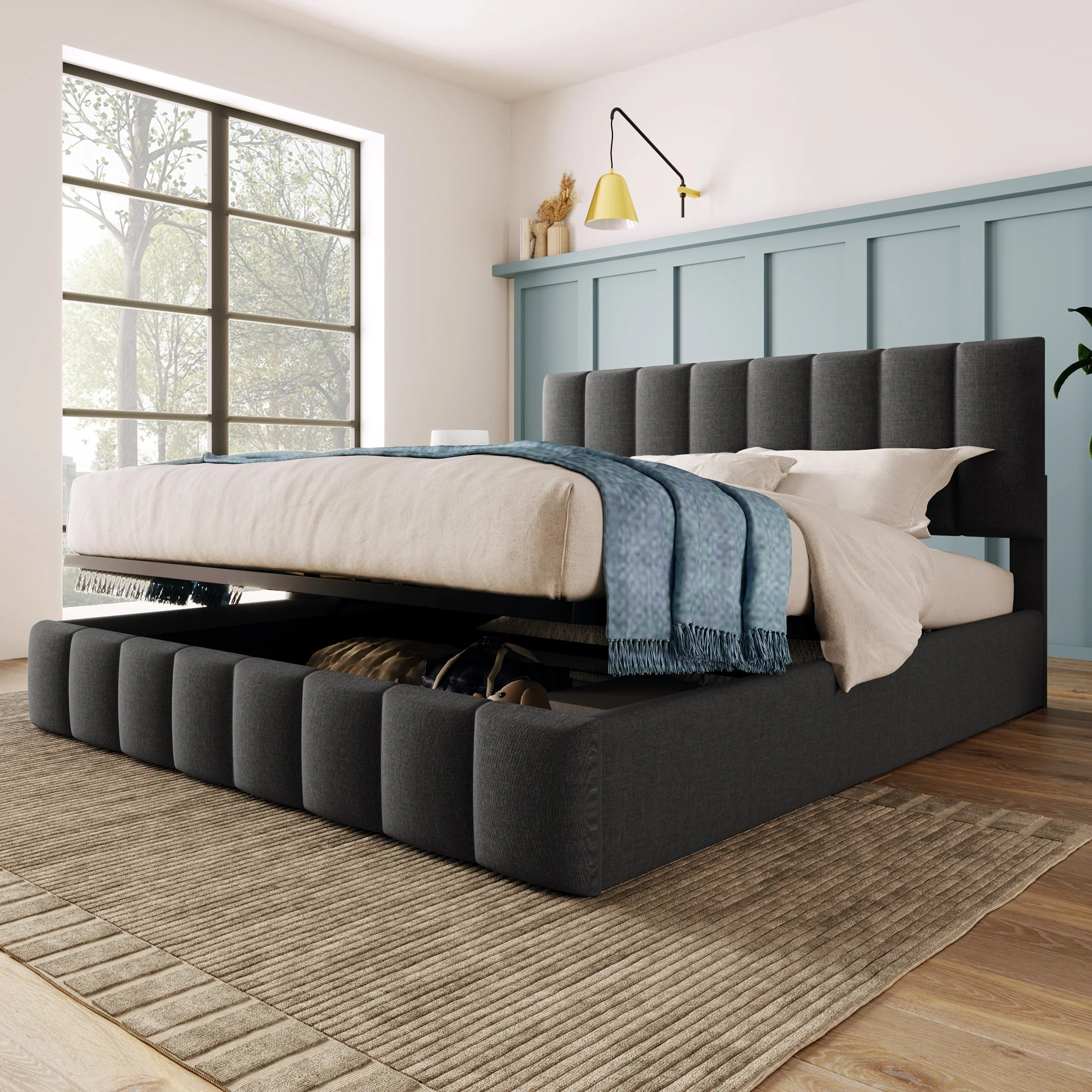 Upholstered Double Bed 140x200cm Hydraulic Storage Adjustable Headboard - Grey Linen - Image 6