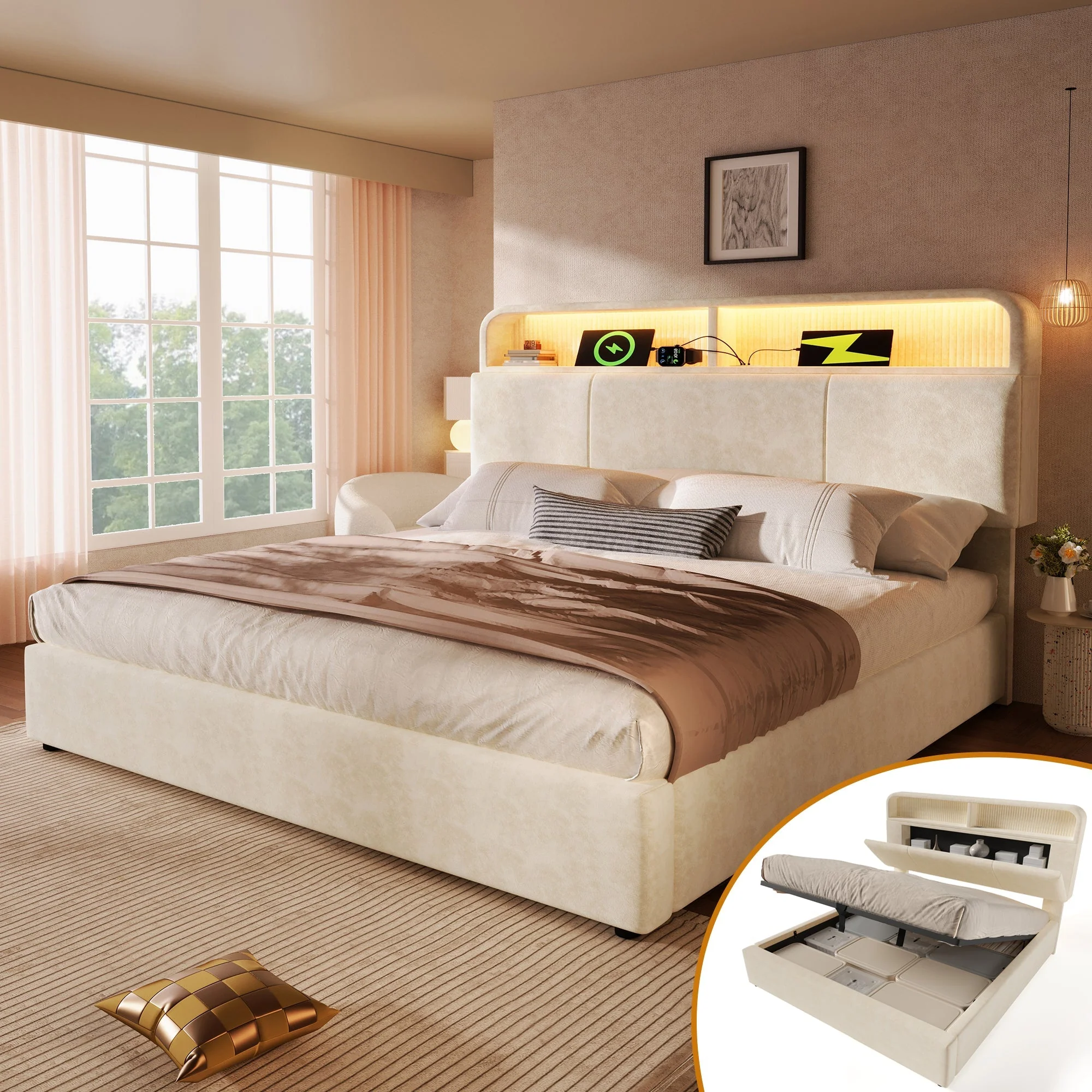 Upholstered Double Bed 140x200cm Hydraulic Storage Adjustable Headboard LED & USB/Type-C - Velvet Beige