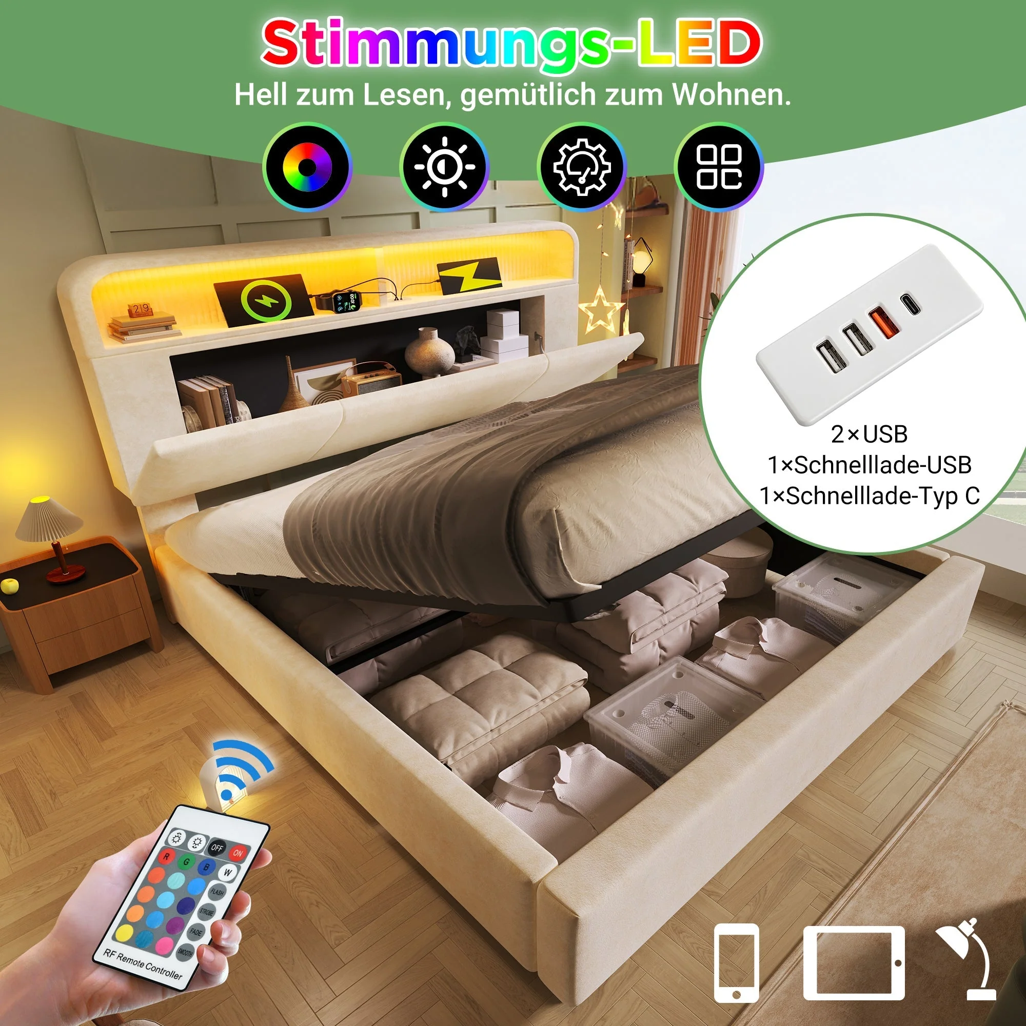 Upholstered Double Bed 140x200cm Hydraulic Storage Adjustable Headboard LED & USB/Type-C - Velvet Beige - Image 4