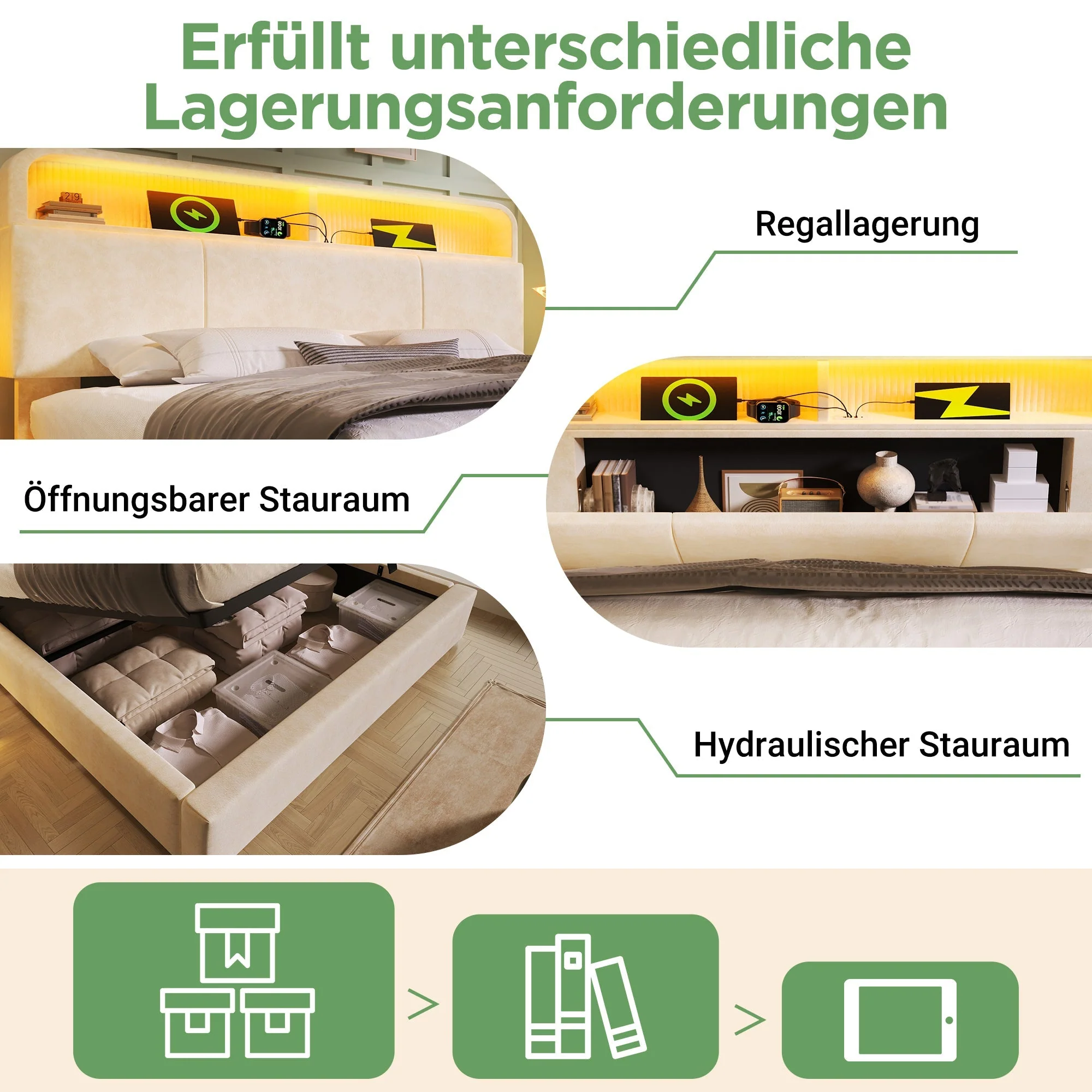 Upholstered Double Bed 140x200cm Hydraulic Storage Adjustable Headboard LED & USB/Type-C - Velvet Beige - Image 5