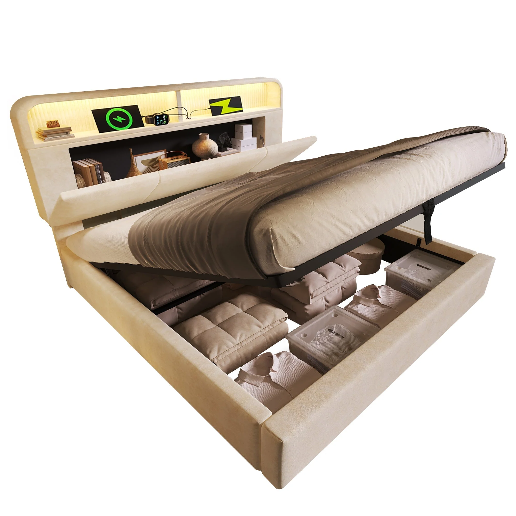 Upholstered Double Bed 140x200cm Hydraulic Storage Adjustable Headboard LED & USB/Type-C - Velvet Beige - Image 6