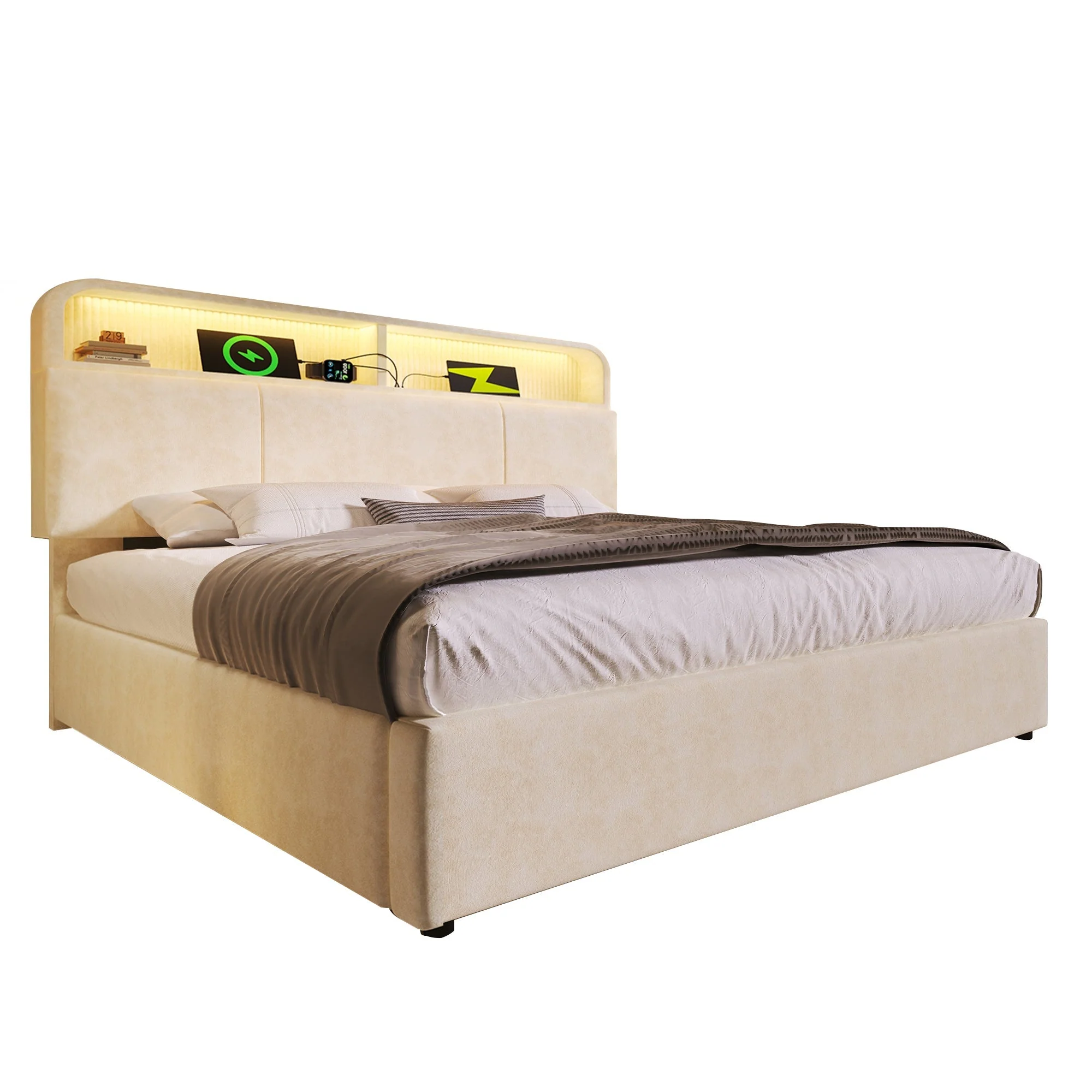 Upholstered Double Bed 140x200cm Hydraulic Storage Adjustable Headboard LED & USB/Type-C - Velvet Beige - Image 7