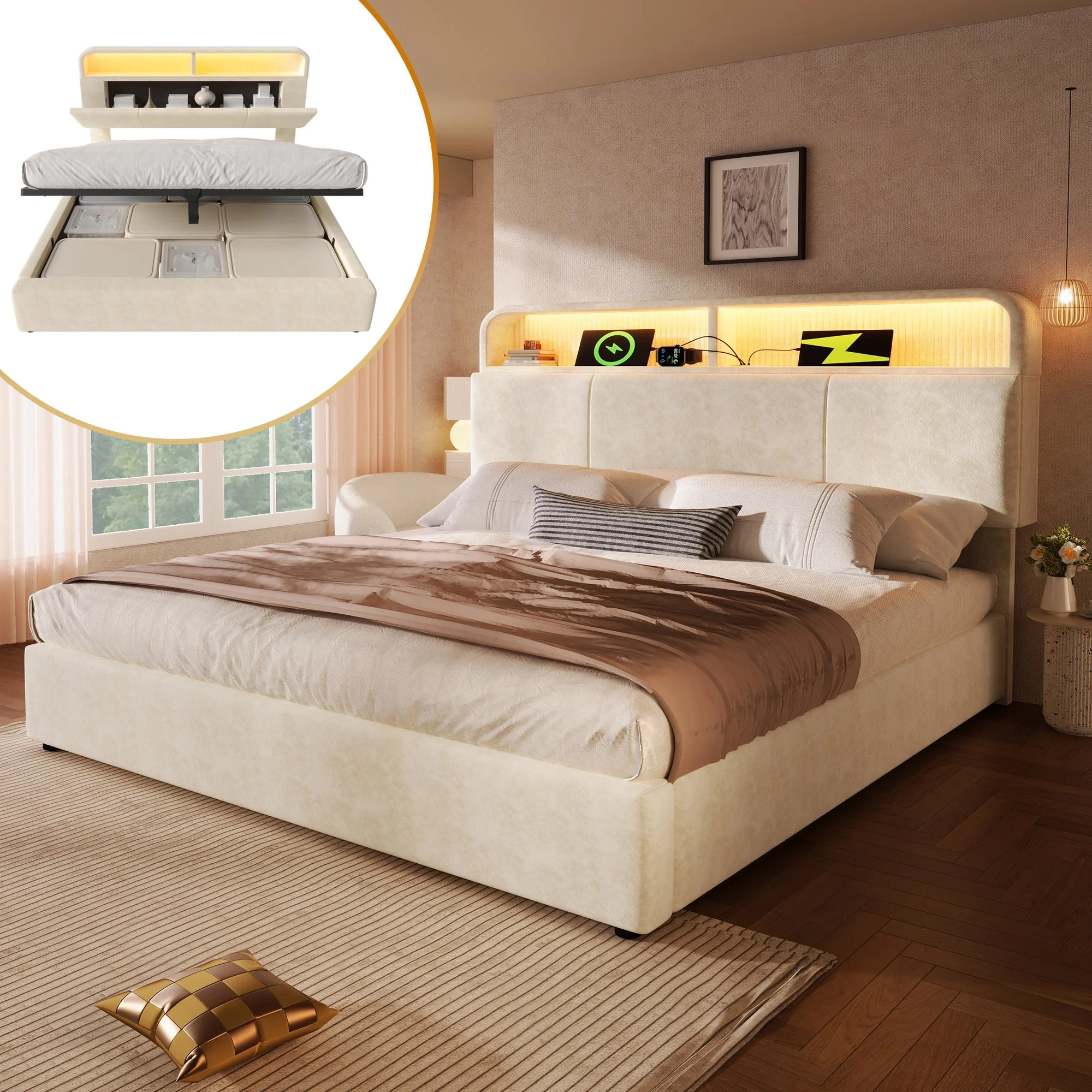 Upholstered Double Bed 140x200cm Hydraulic Storage Adjustable Headboard LED & USB/Type-C - Velvet Beige - Image 8