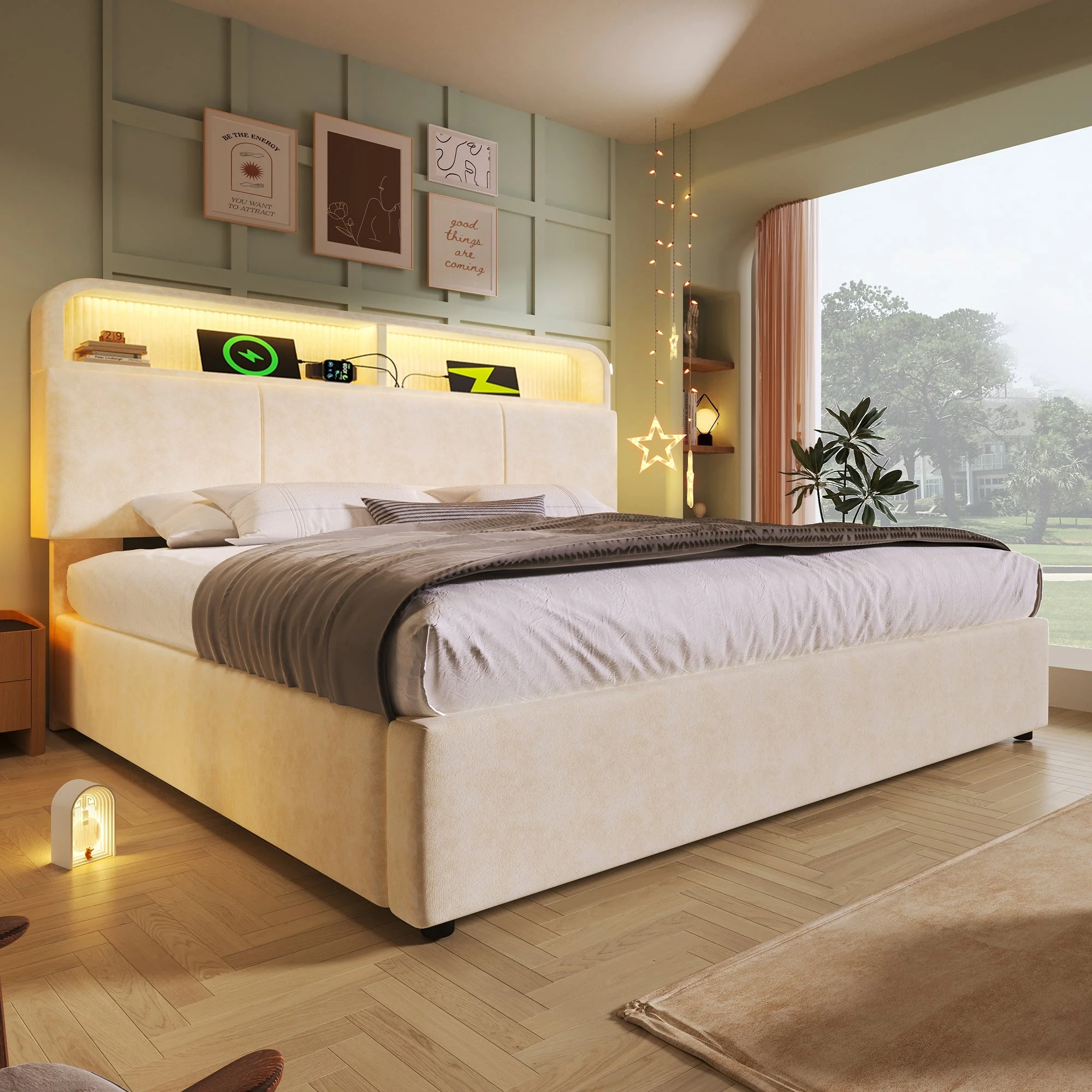 Upholstered Double Bed 140x200cm Hydraulic Storage Adjustable Headboard LED & USB/Type-C - Velvet Beige - Image 9