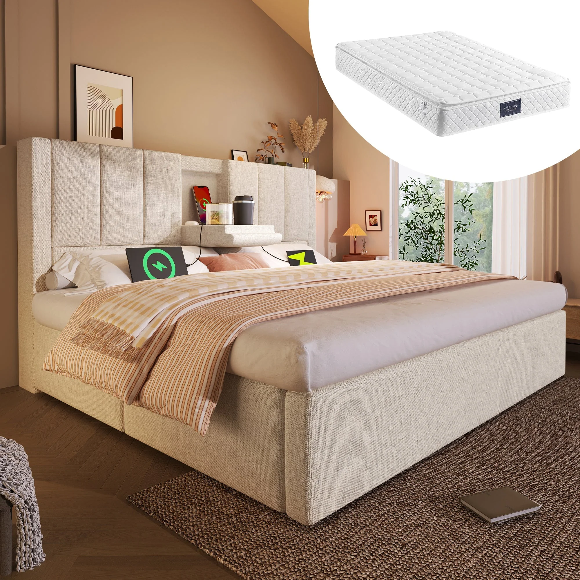 Upholstered Double Bed 140x200cm Hydraulic Storage Cup Holder Charging Station - Linen Beige (With Mattress)