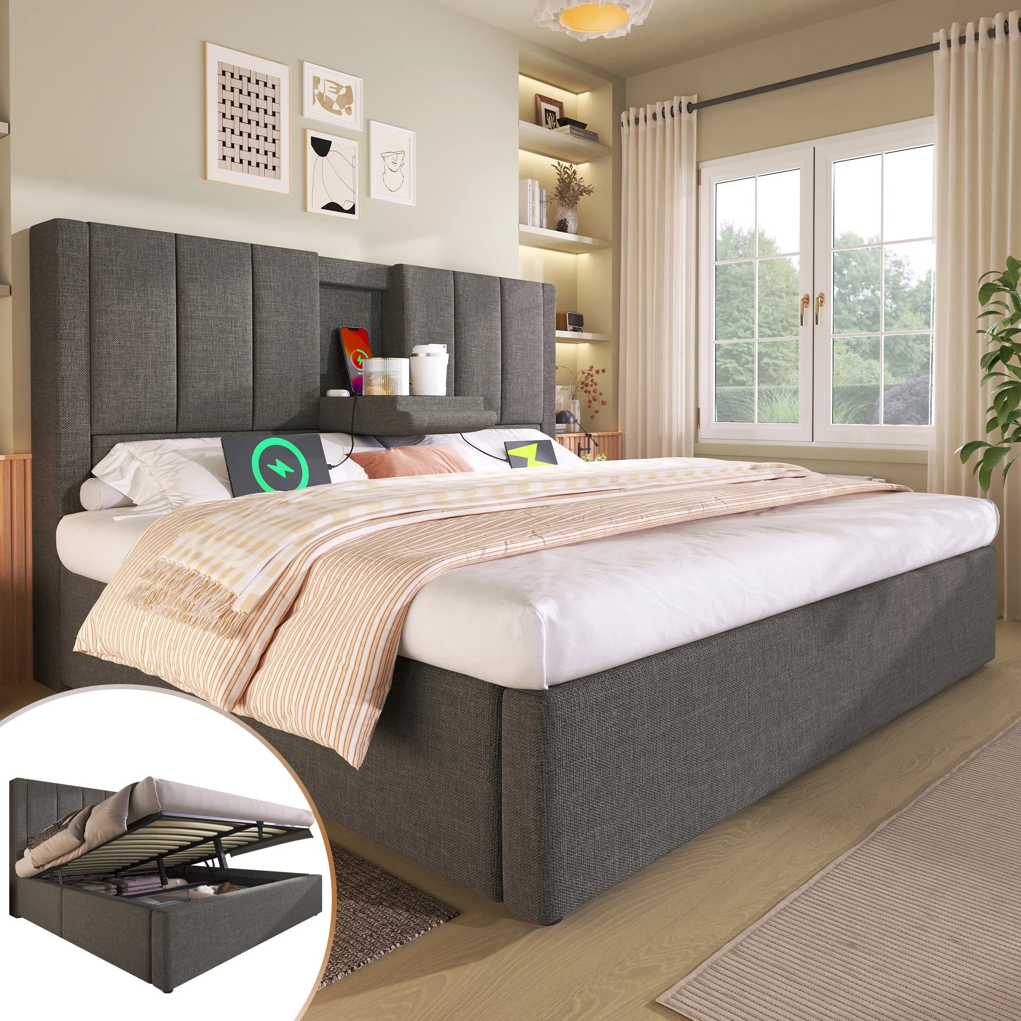 Upholstered Double Bed 140x200cm Hydraulic Storage Cup Holder Charging Station Linen Grey