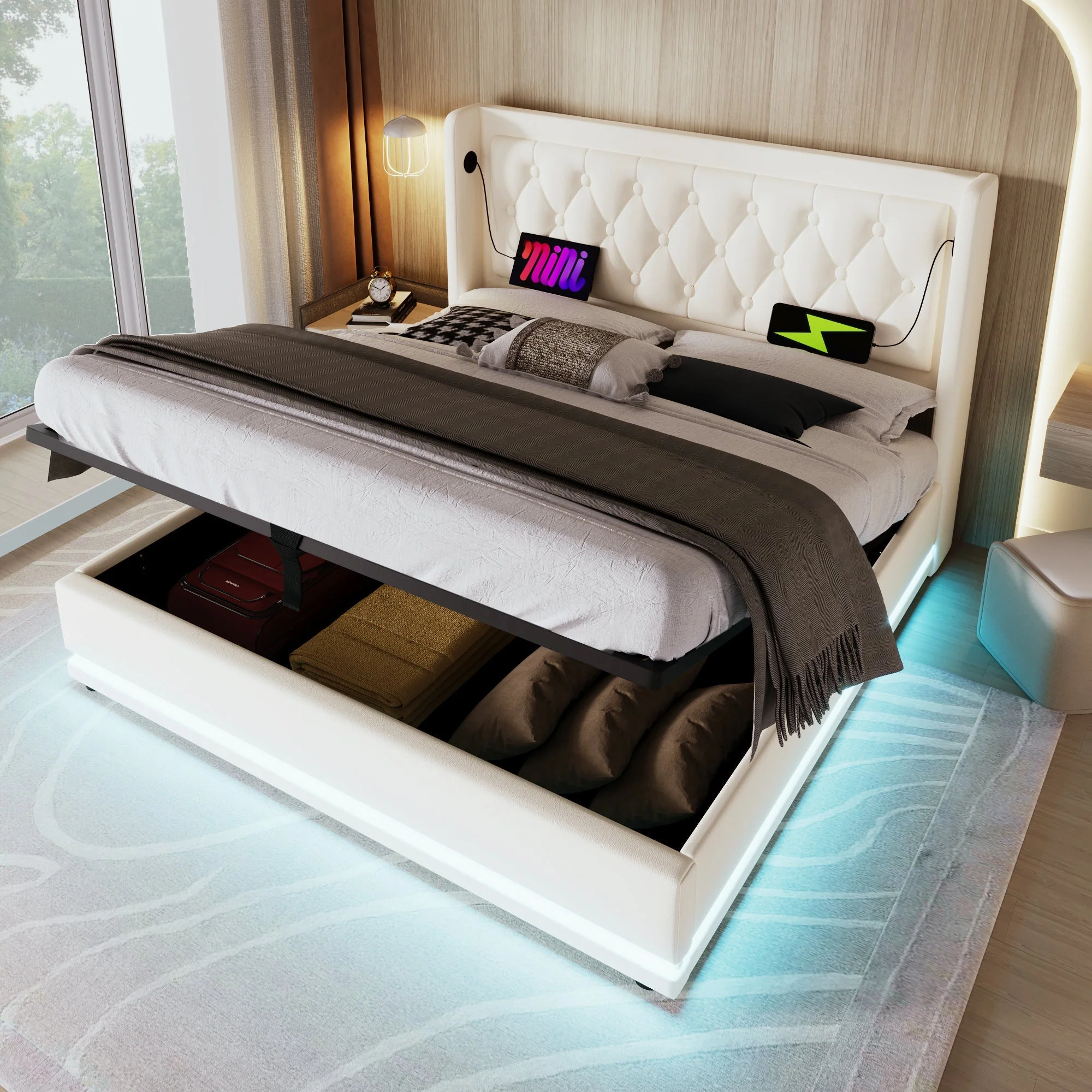 Upholstered Double Bed 140x200cm, Hydraulic Storage, USB-C Charging, 3-Sided LED, White PU - Image 9