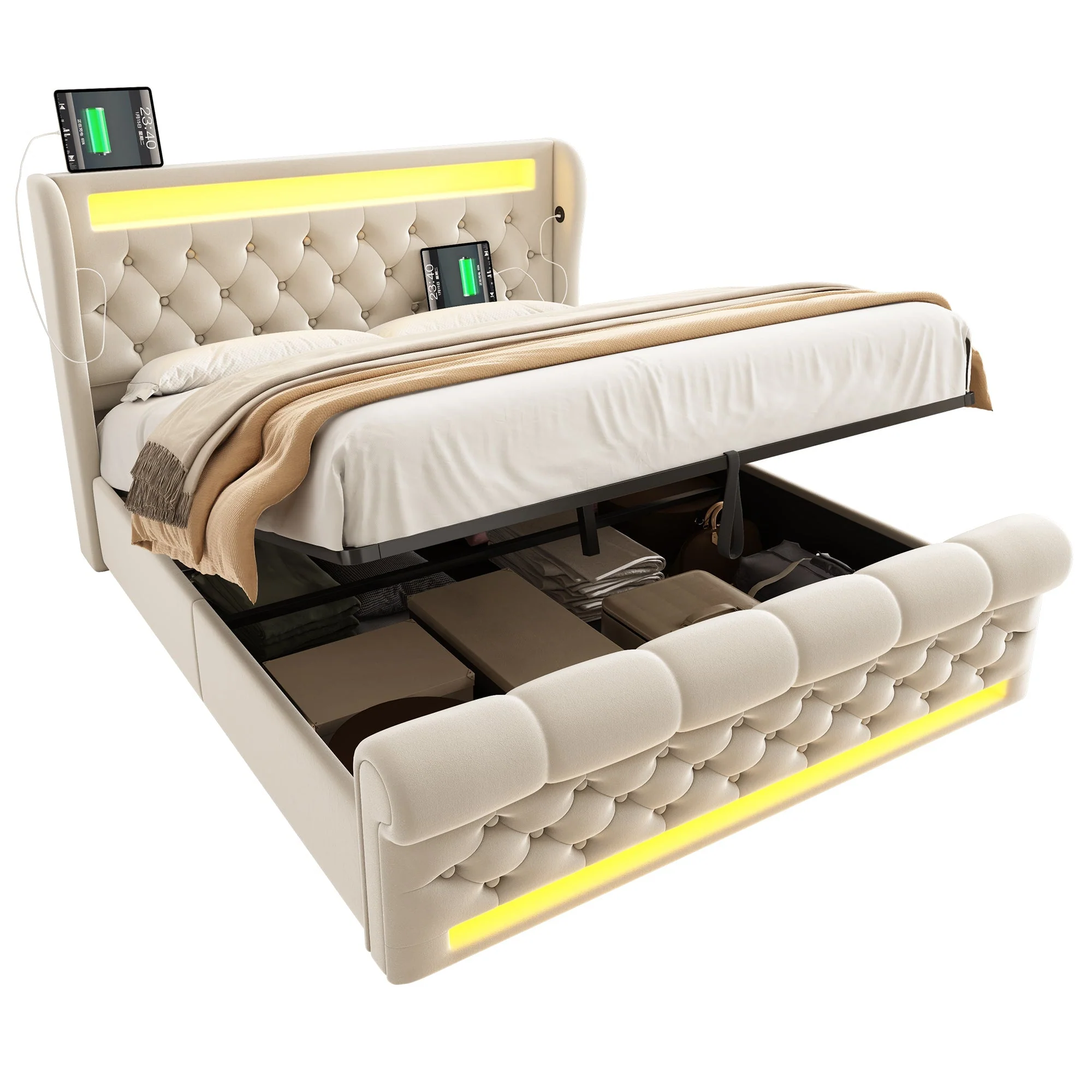 Upholstered Double Bed 140x200cm, LED Lights, Storage Headboard with USB & Type-C, Hydraulic Storage, Beige Velvet - Image 7