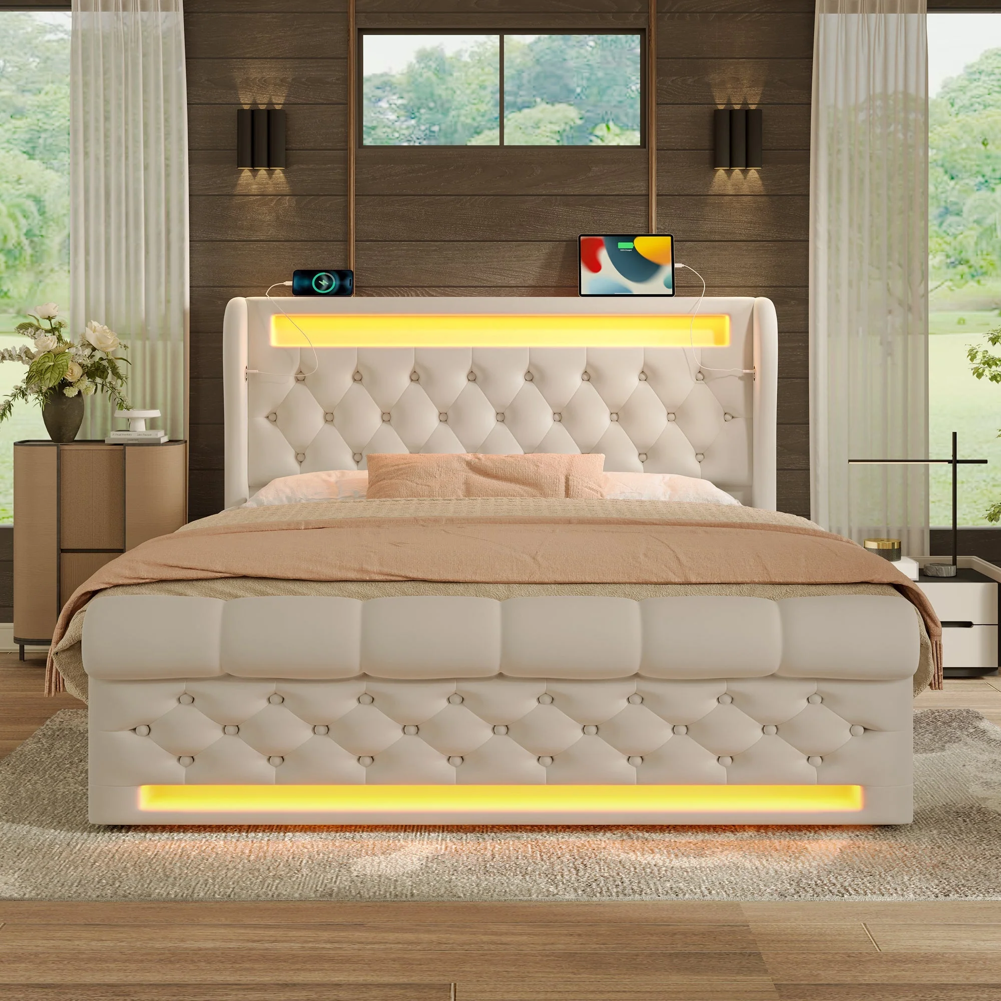 Upholstered Double Bed 140x200cm, LED Lights, Storage Headboard with USB & Type-C, Hydraulic Storage, Beige Velvet - Image 9