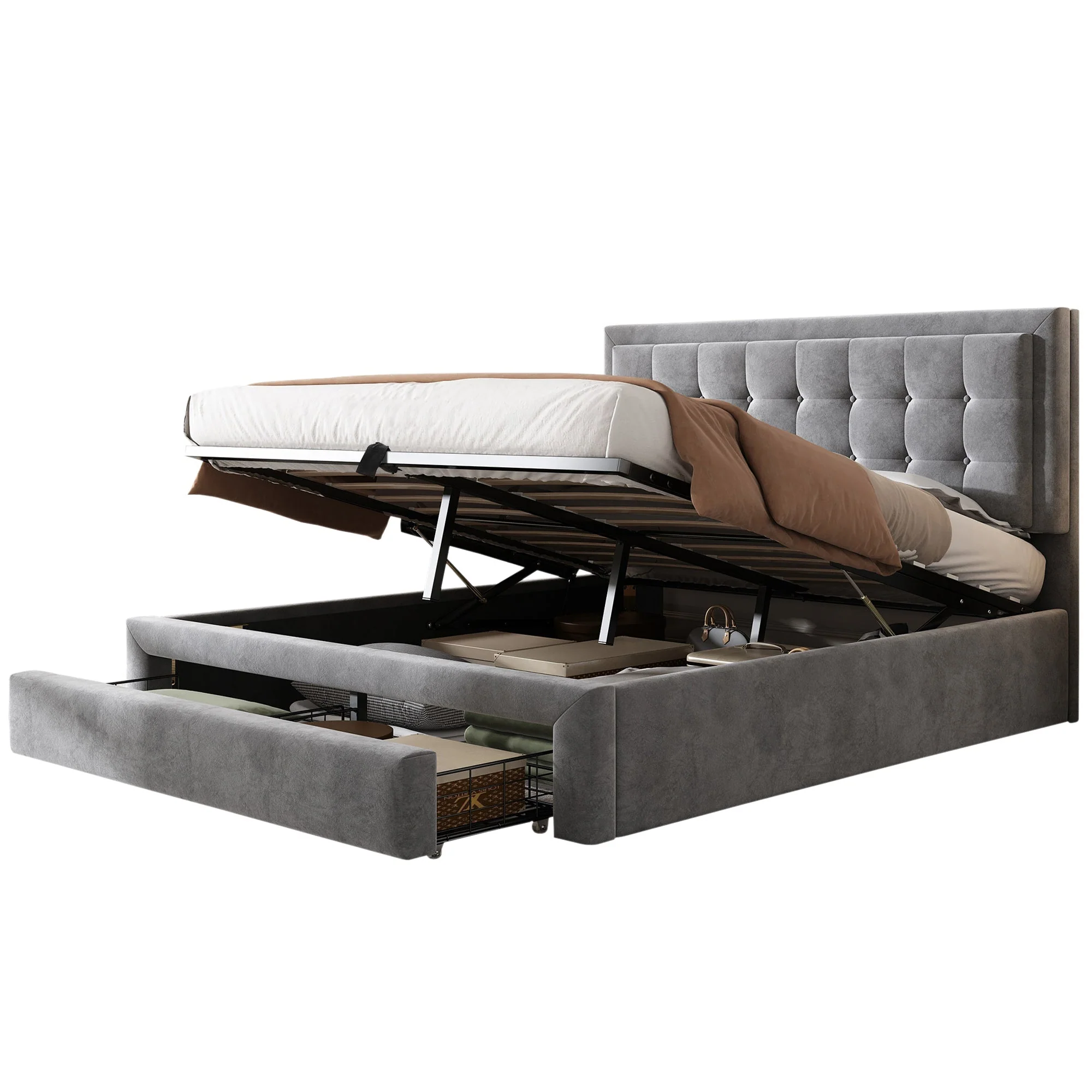 Upholstered Double Bed 140x200cm Storage Box & Drawers Slatted Frame - Velvet Grey - Image 5