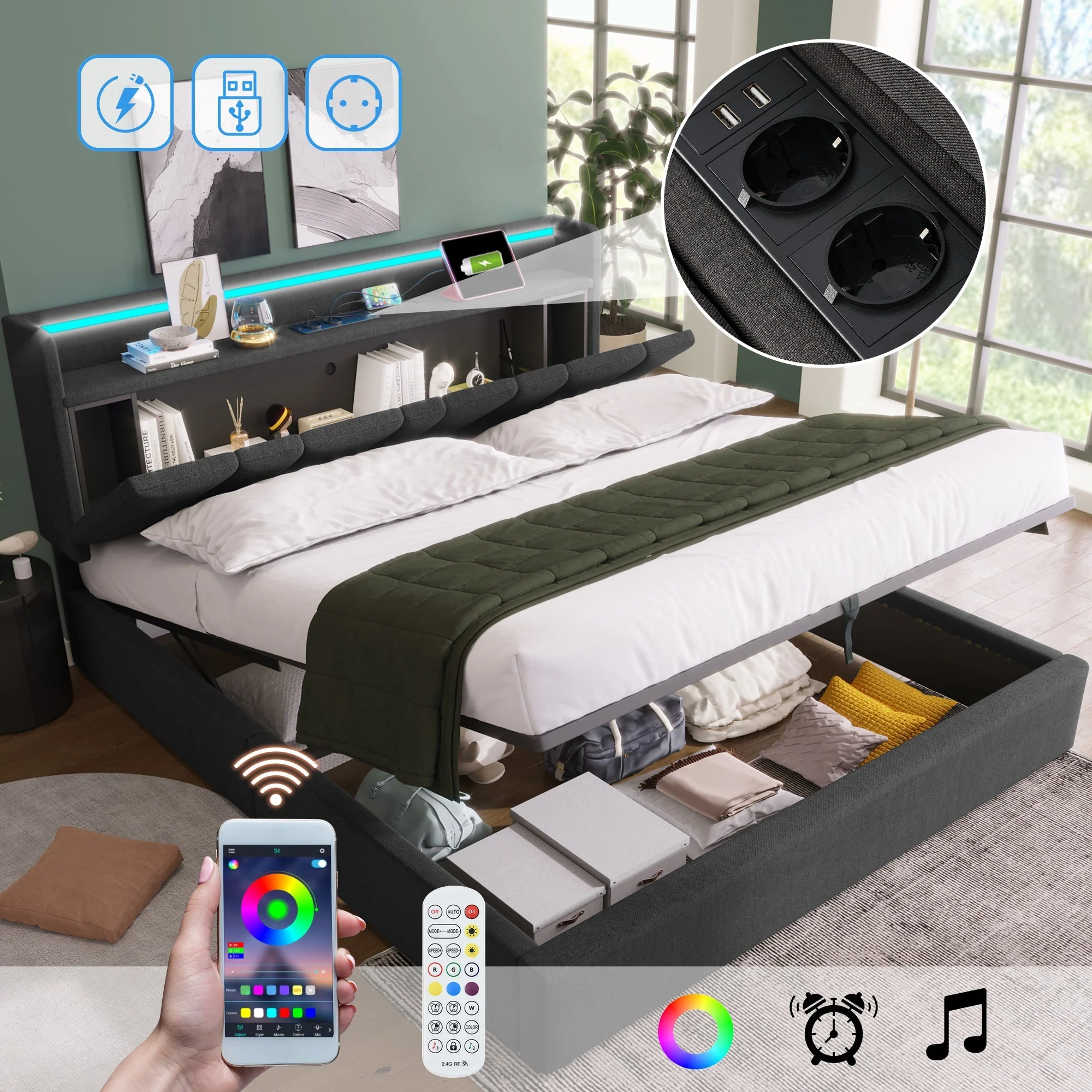 Upholstered Double Bed, 140x200cm, USB Charging, LED, Storage Headboard, Gray Fabric - Image 2