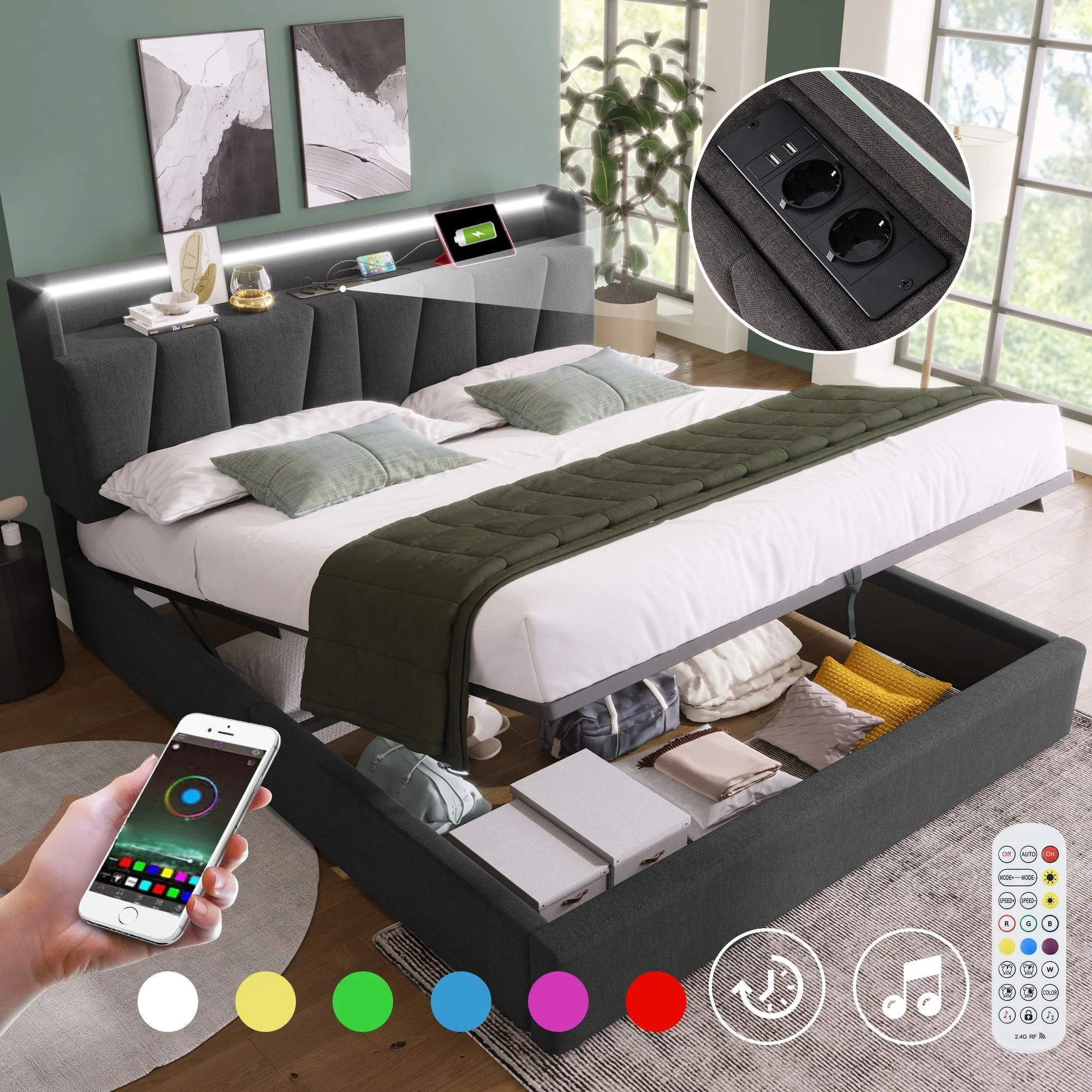 Upholstered Double Bed, 140x200cm, USB Charging, LED, Storage Headboard, Gray Fabric - Image 3