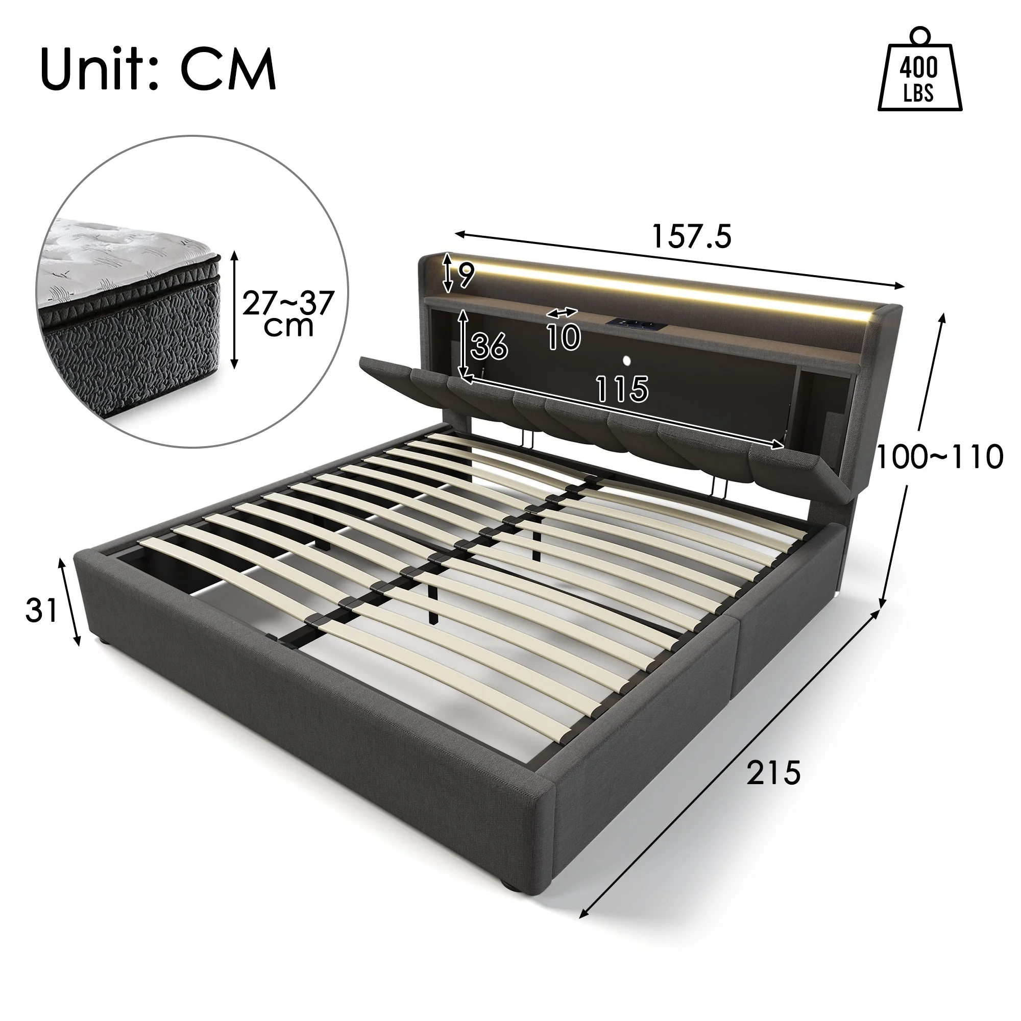 Upholstered Double Bed, 140x200cm, USB Charging, LED, Storage Headboard, Gray Fabric - Image 4