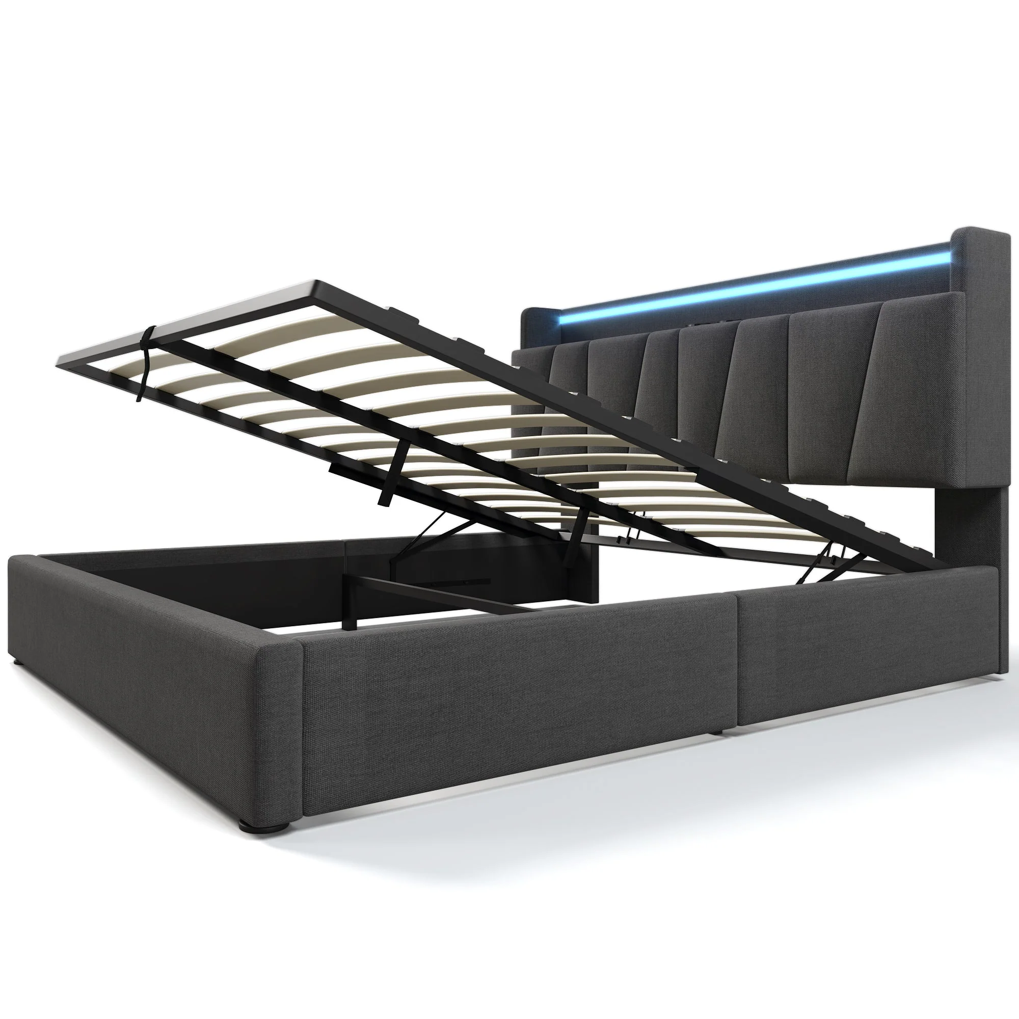 Upholstered Double Bed, 140x200cm, USB Charging, LED, Storage Headboard, Gray Fabric - Image 6