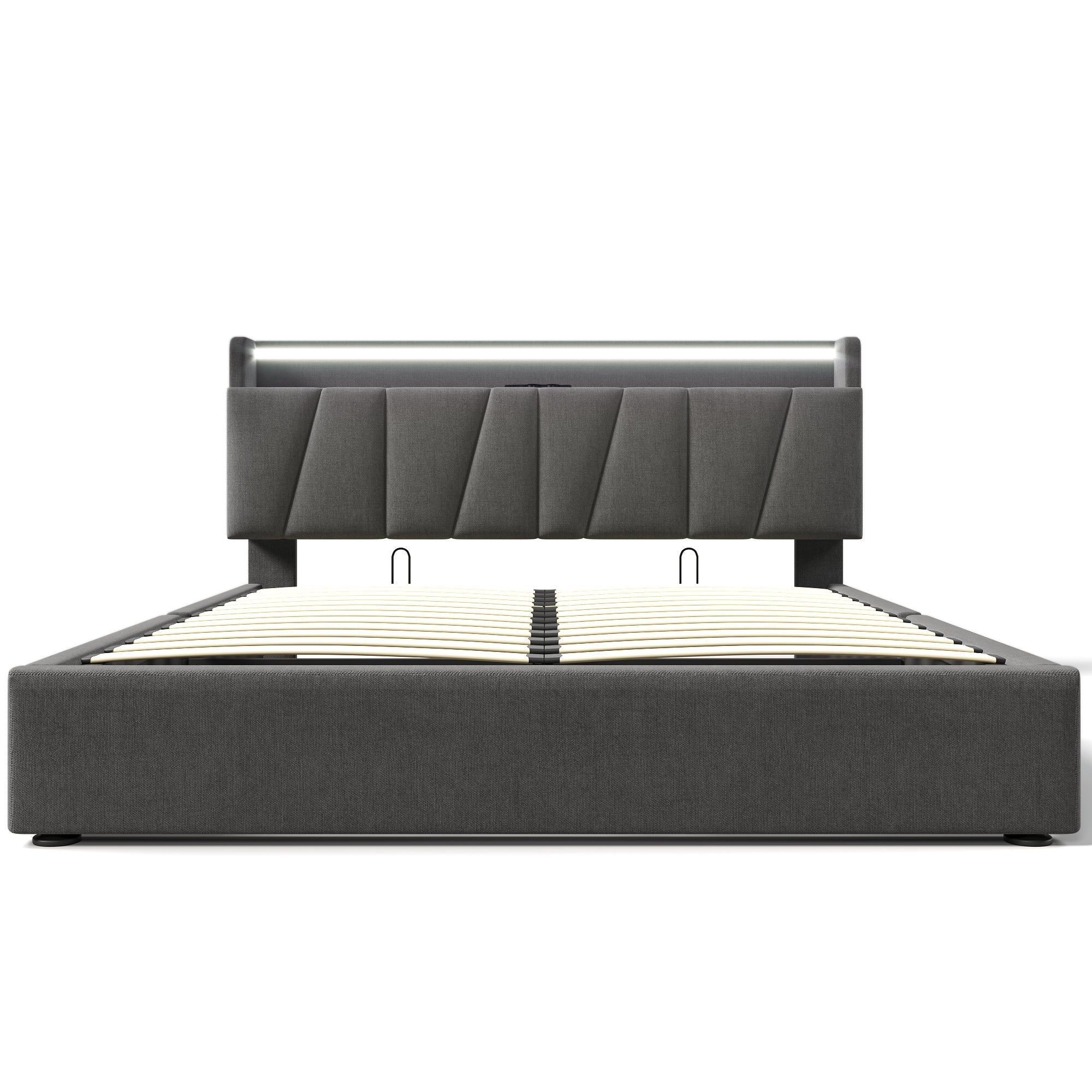 Upholstered Double Bed, 140x200cm, USB Charging, LED, Storage Headboard, Gray Fabric - Image 7