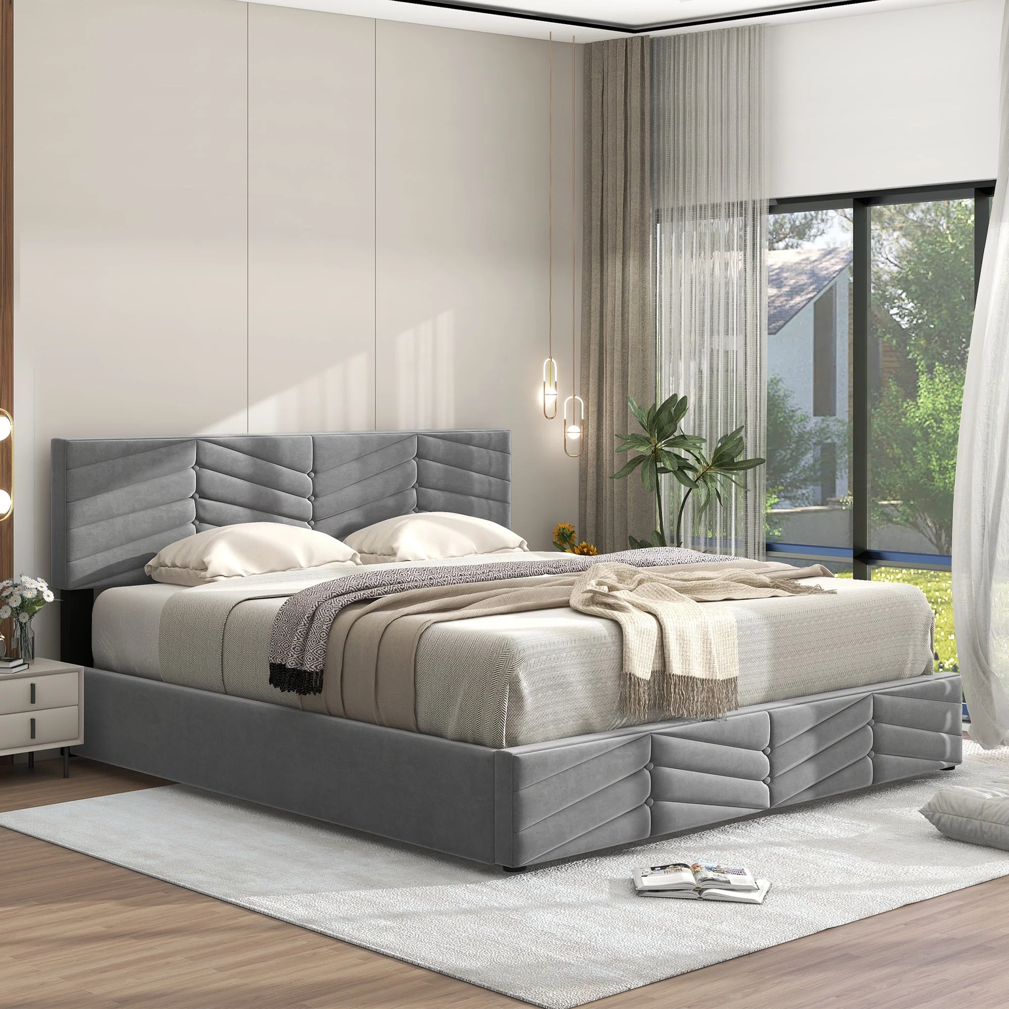 Upholstered Double Bed 140x200cm with Hydraulic Function, Striped Adjustable Headboard, Velvet Grey - Image 3