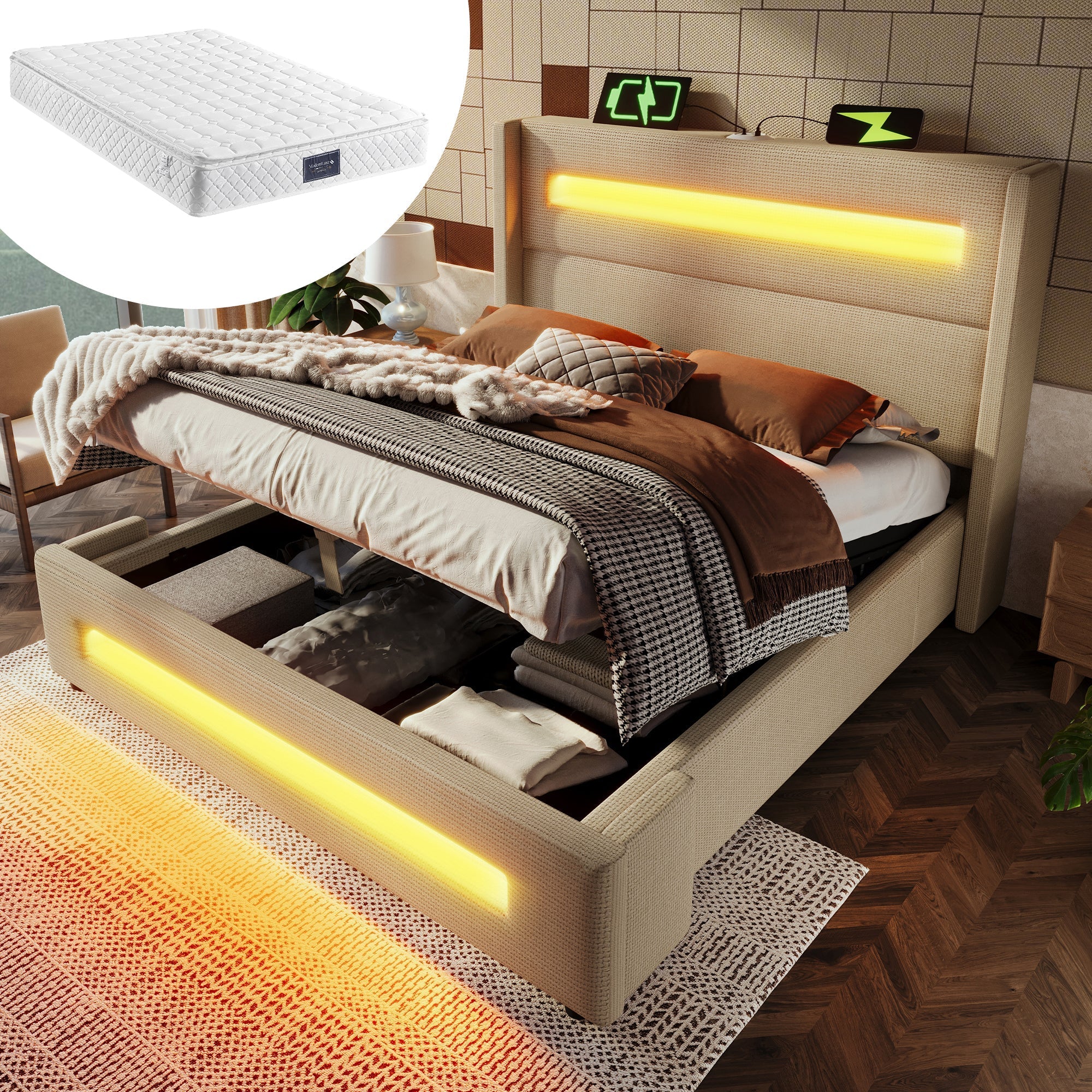 Upholstered Double Bed, 160x200 cm, LED, Hydraulic Storage, USB-C Charging, Metal Frame, Beige Linen